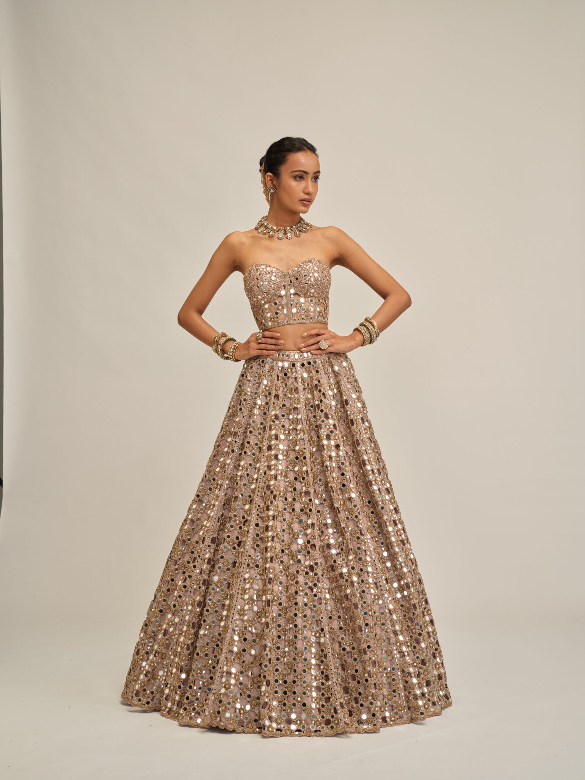 Ash Pink Dense Big Mirror Cutwork Crop Top Skirt Set 1