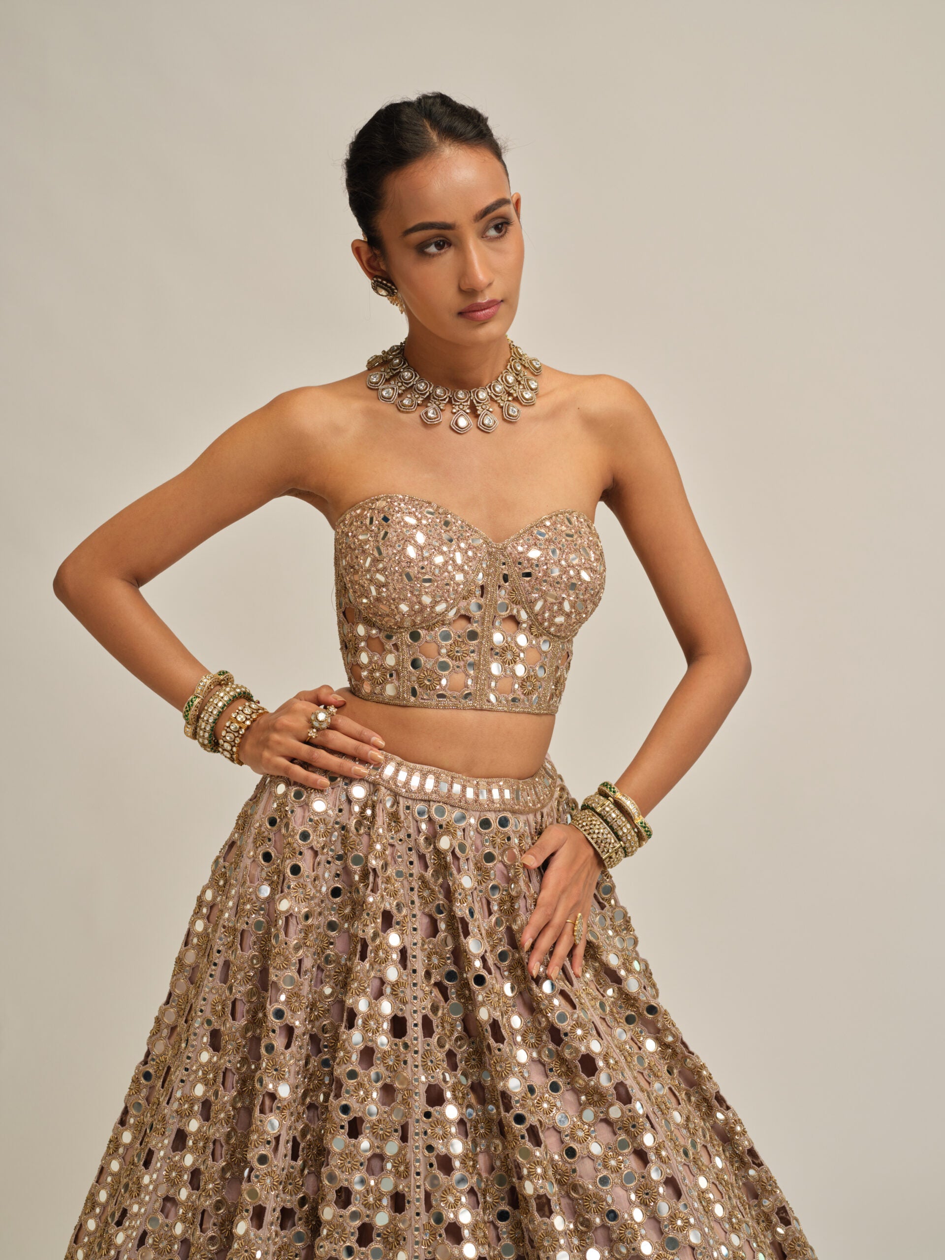 Ash Pink Dense Big Mirror Cutwork Crop Top Skirt Set 2
