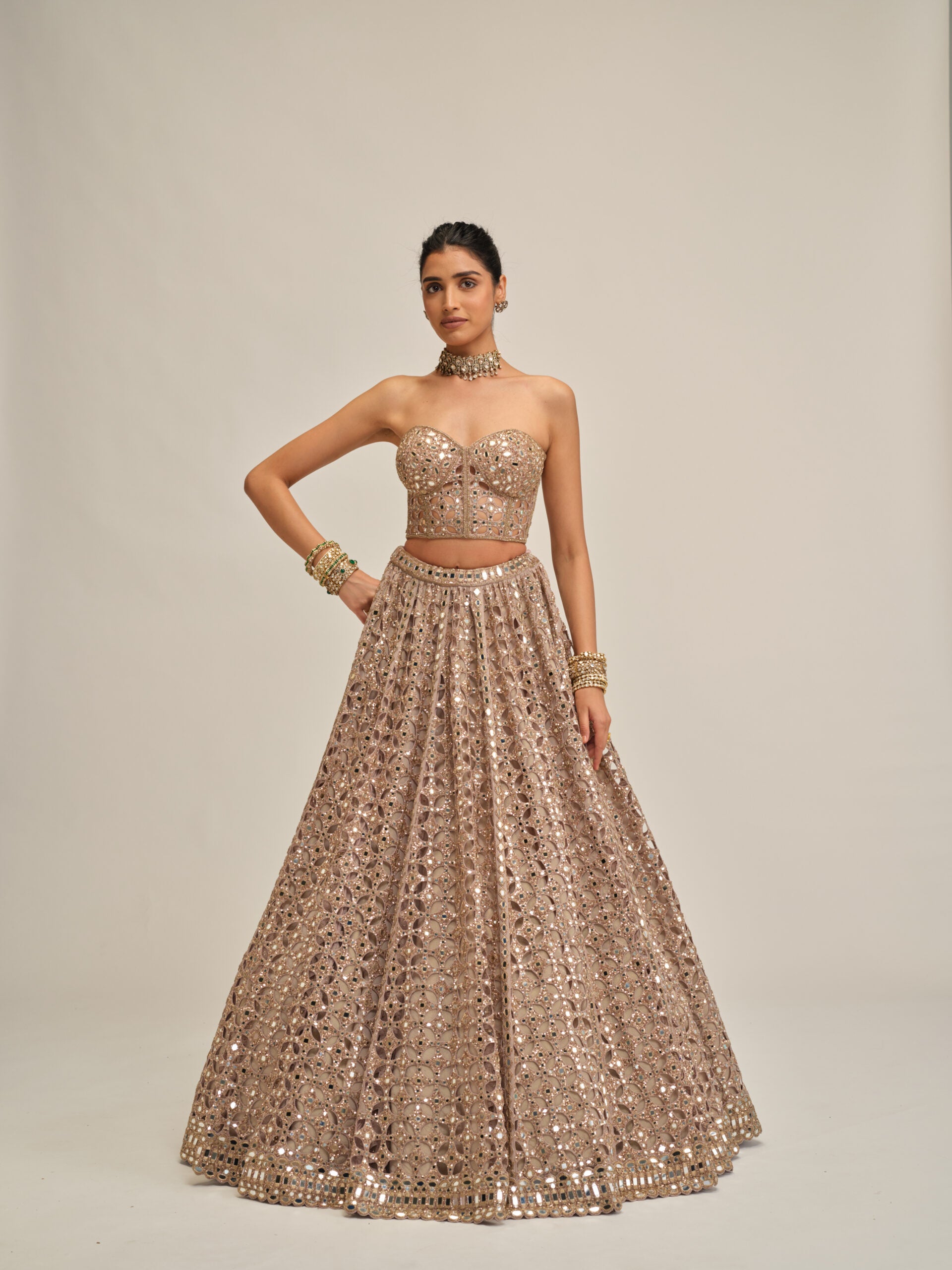 Ash Pink Circular Cutwork Crop Top Skirt Set 1