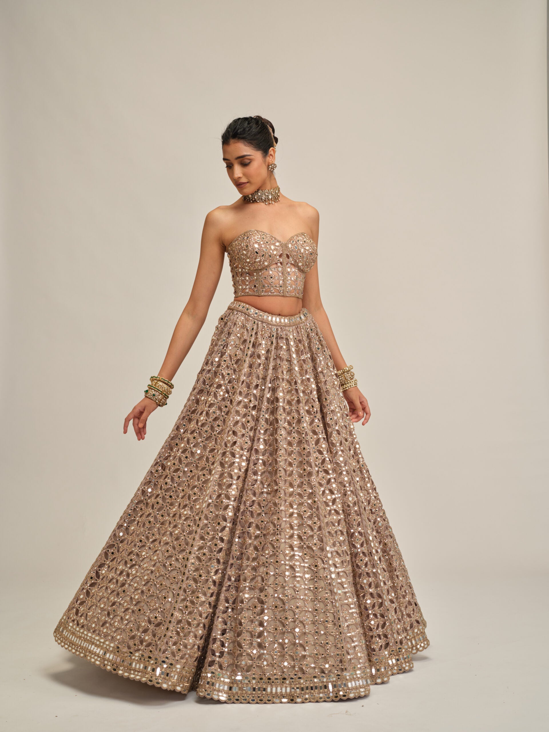 Ash Pink Circular Cutwork Crop Top Skirt Set 3