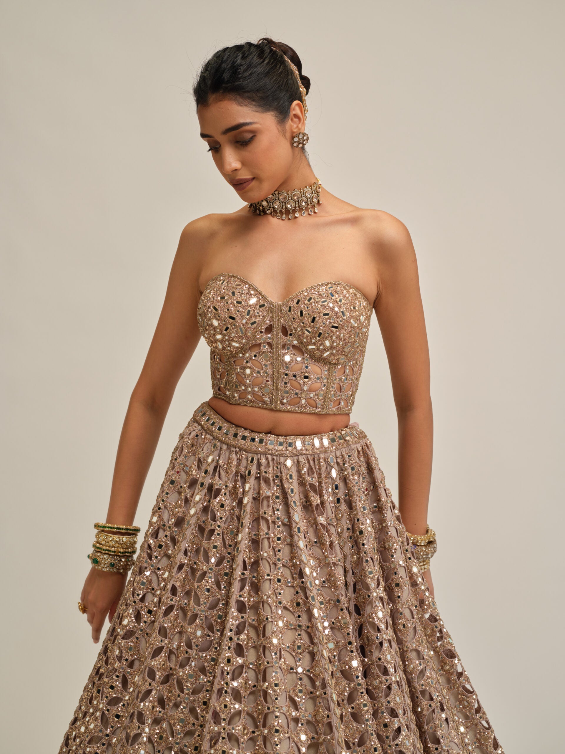 Ash Pink Circular Cutwork Crop Top Skirt Set 2
