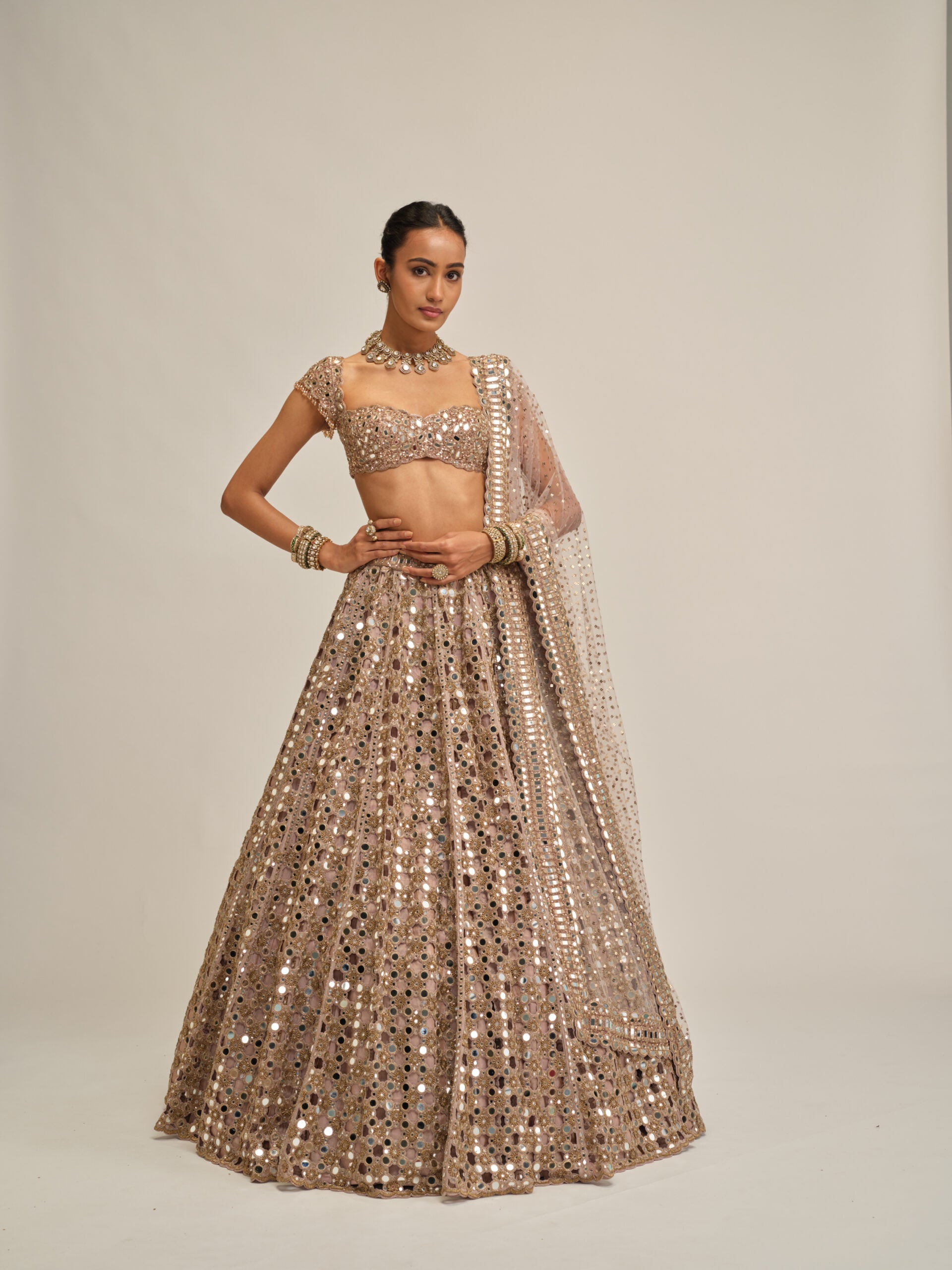 Ash Pink Dense Big Mirror Cutwork Lehenga Set 1