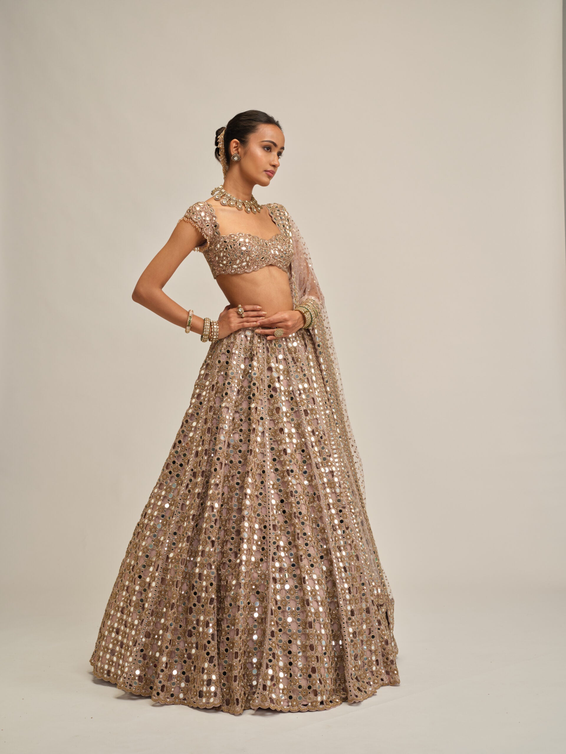 Ash Pink Dense Big Mirror Cutwork Lehenga Set 4