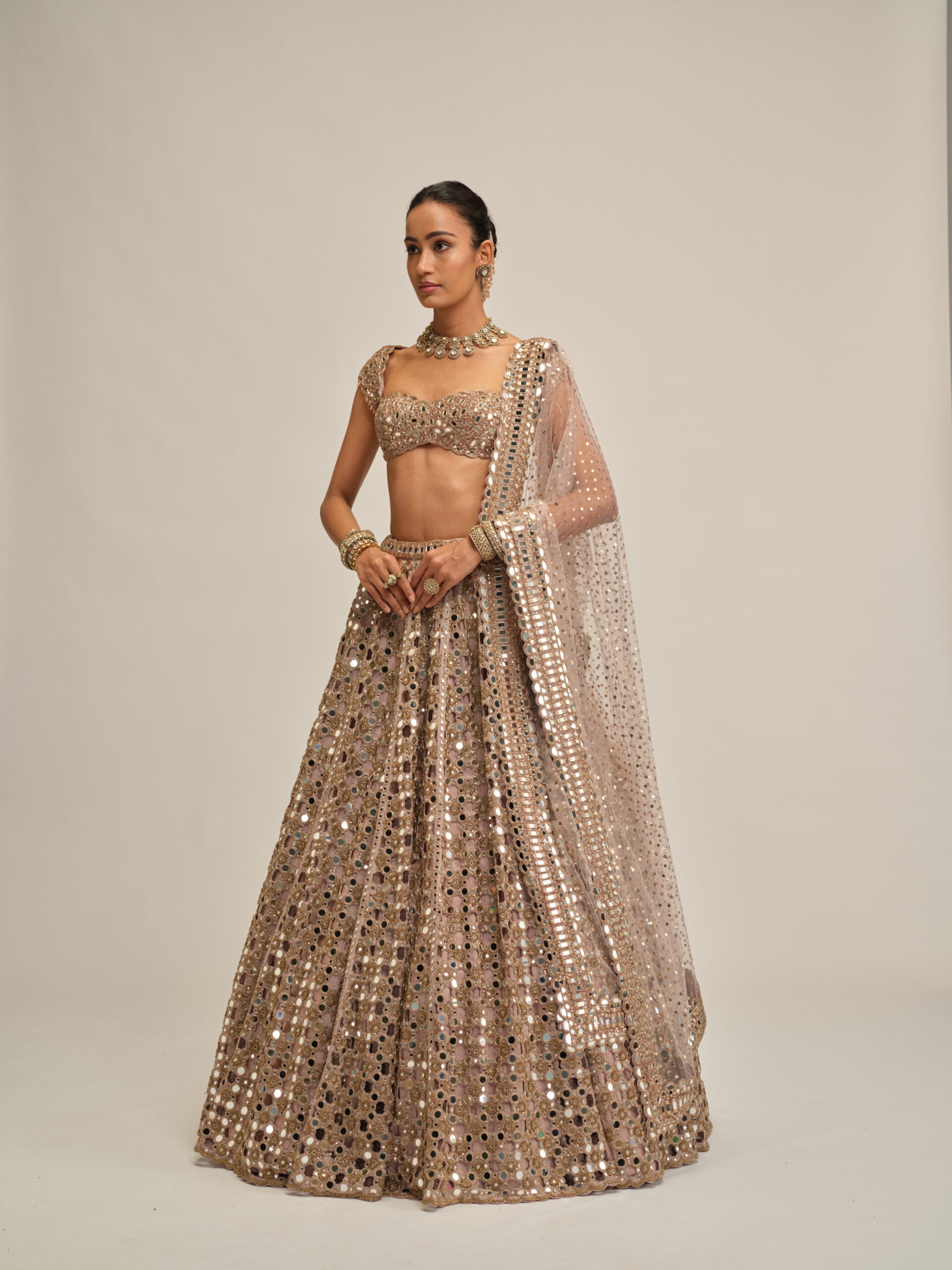 Ash Pink Dense Big Mirror Cutwork Lehenga Set 3