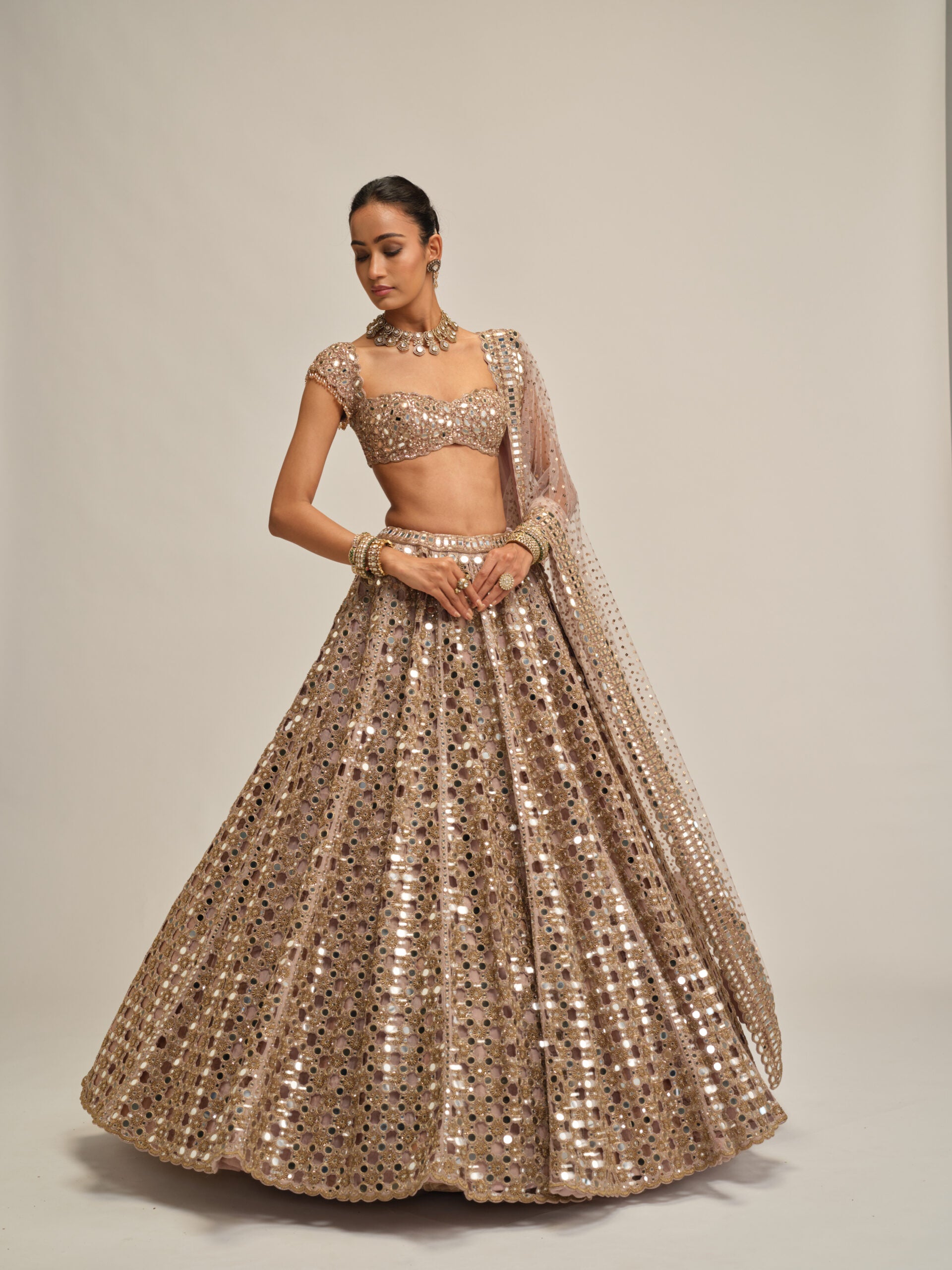 Ash Pink Dense Big Mirror Cutwork Lehenga Set 5