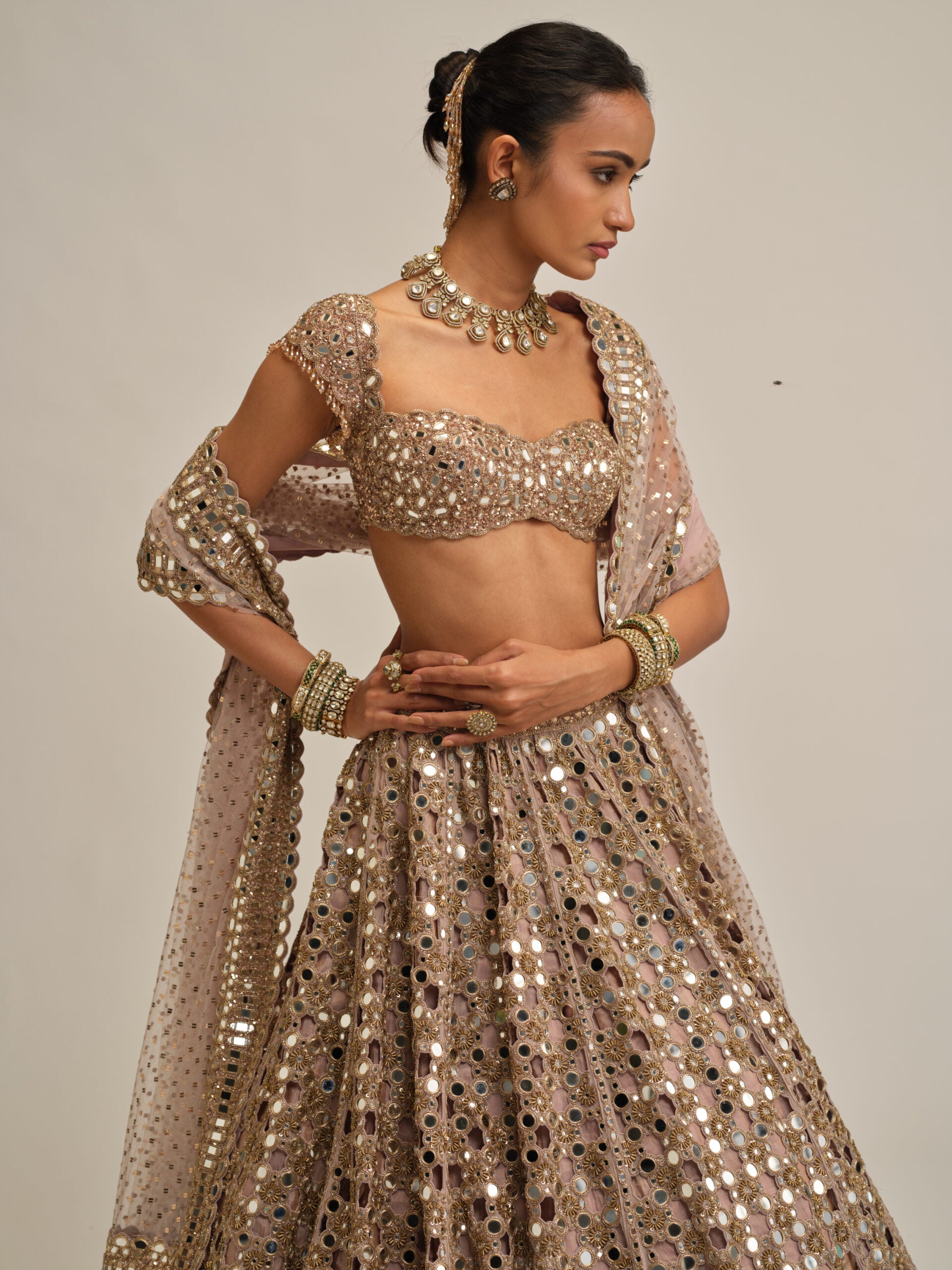 Ash Pink Dense Big Mirror Cutwork Lehenga Set 2