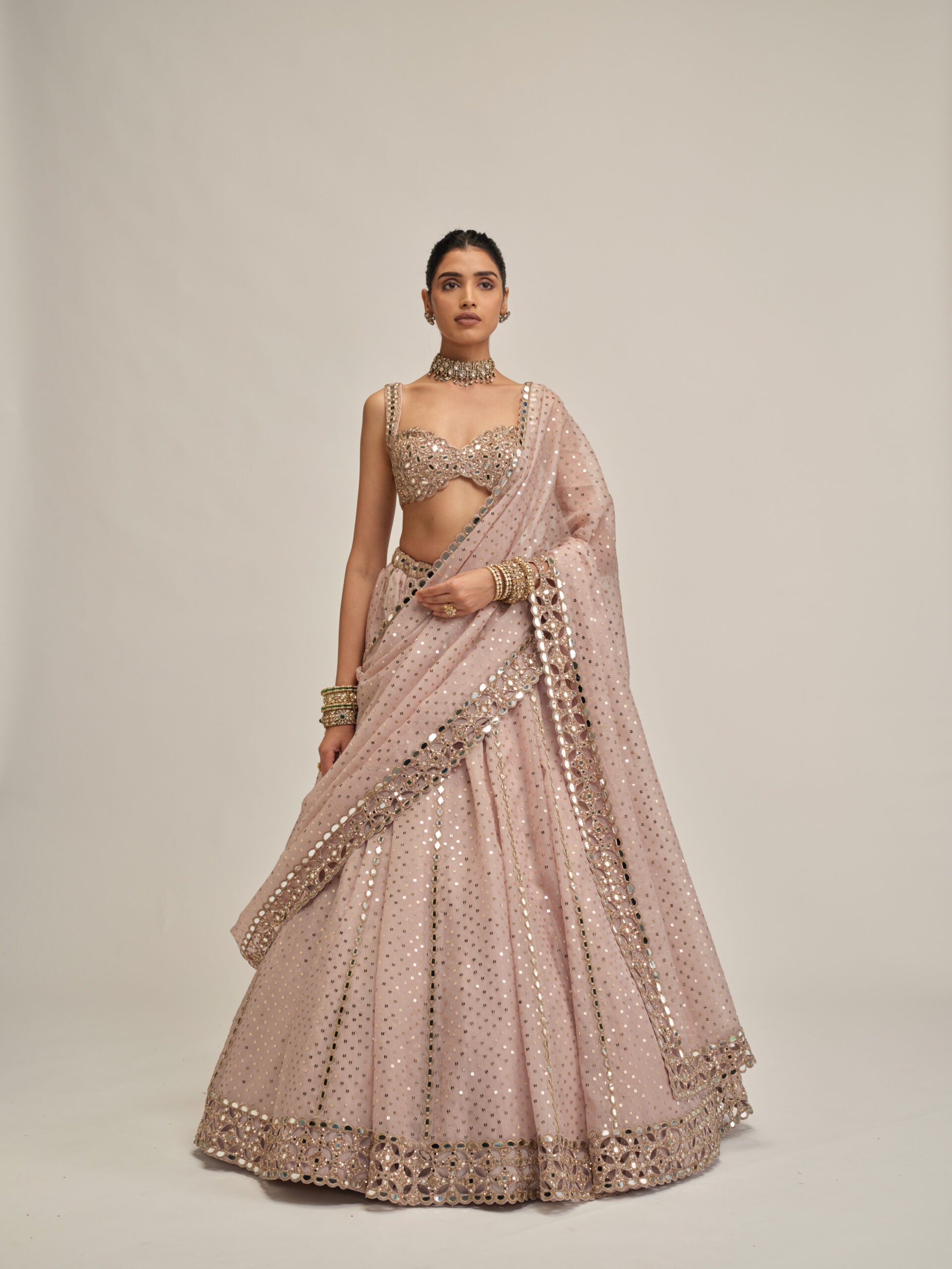 Ash Pink Linear Mirror Sequins Embroidered Lehenga Set 1