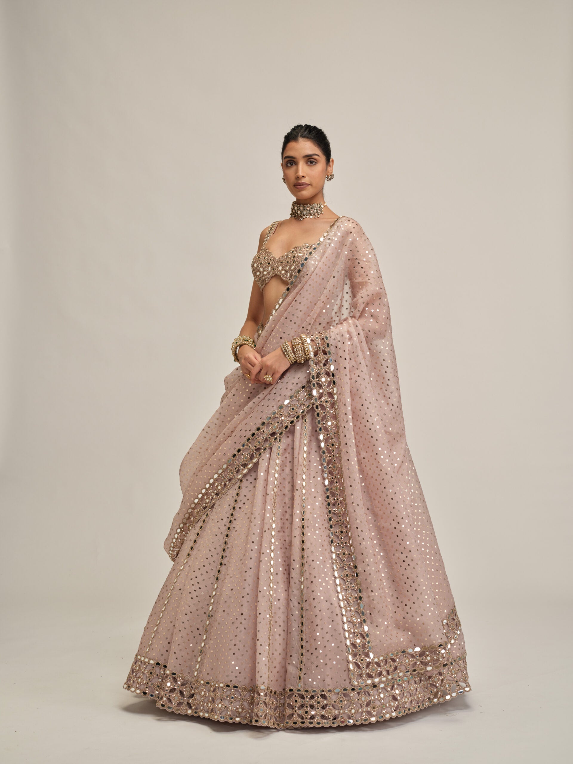 Ash Pink Linear Mirror Sequins Embroidered Lehenga Set 3