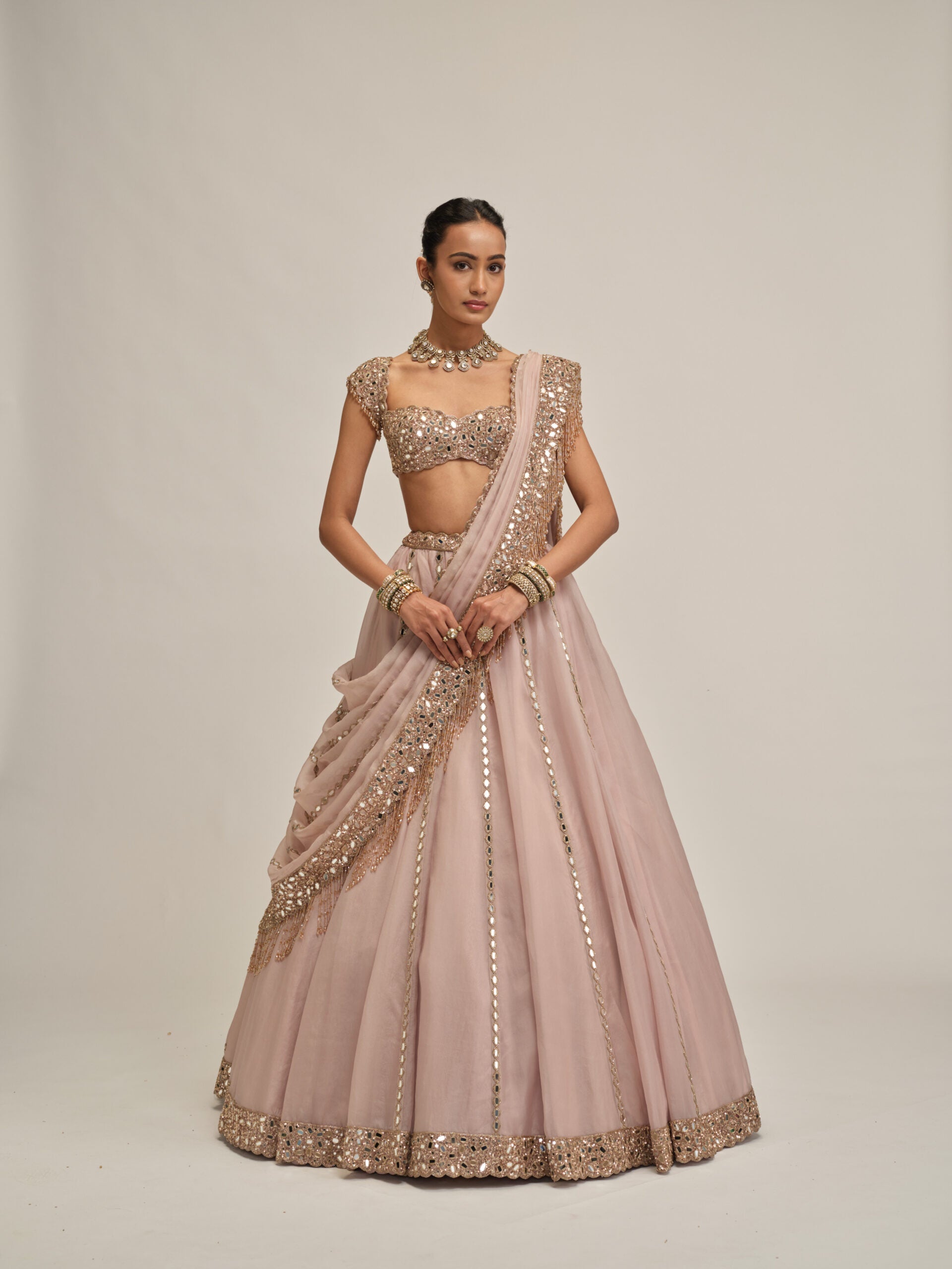 Ash Pink Mirror Linear Embroidered Lehenga Set 1