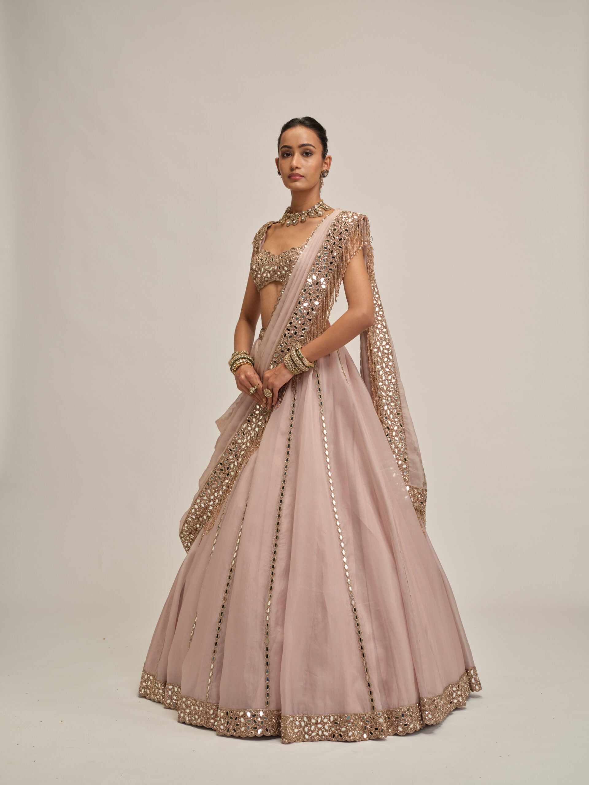 Ash Pink Mirror Linear Embroidered Lehenga Set 4