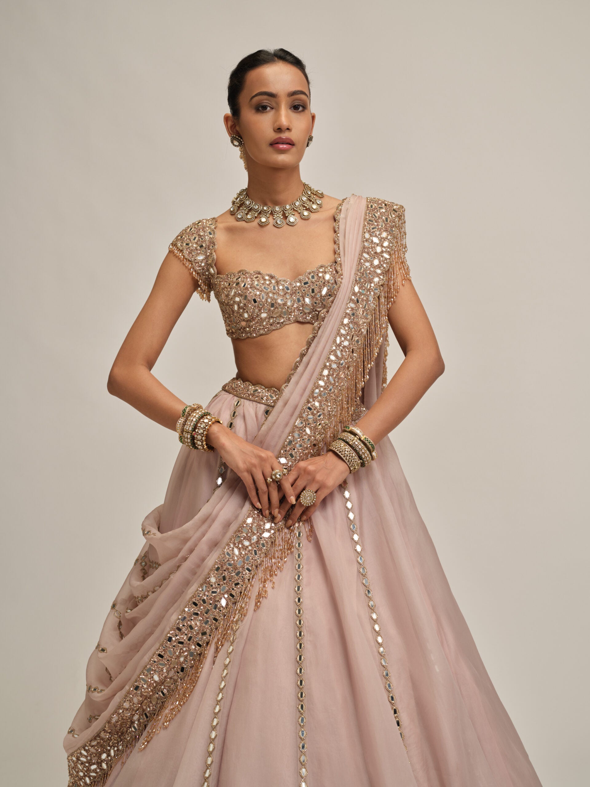 Ash Pink Mirror Linear Embroidered Lehenga Set 2