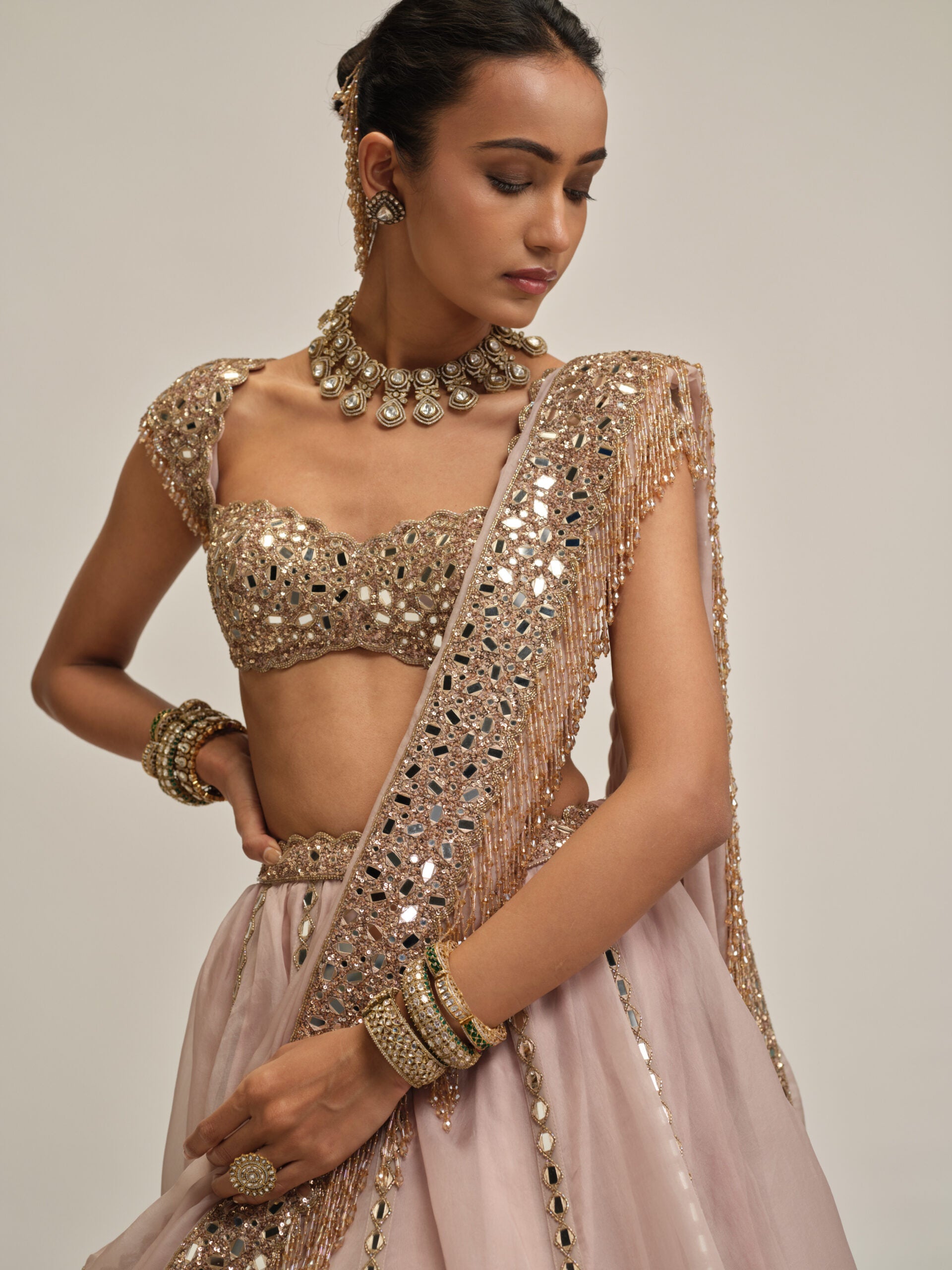 Ash Pink Mirror Linear Embroidered Lehenga Set 3