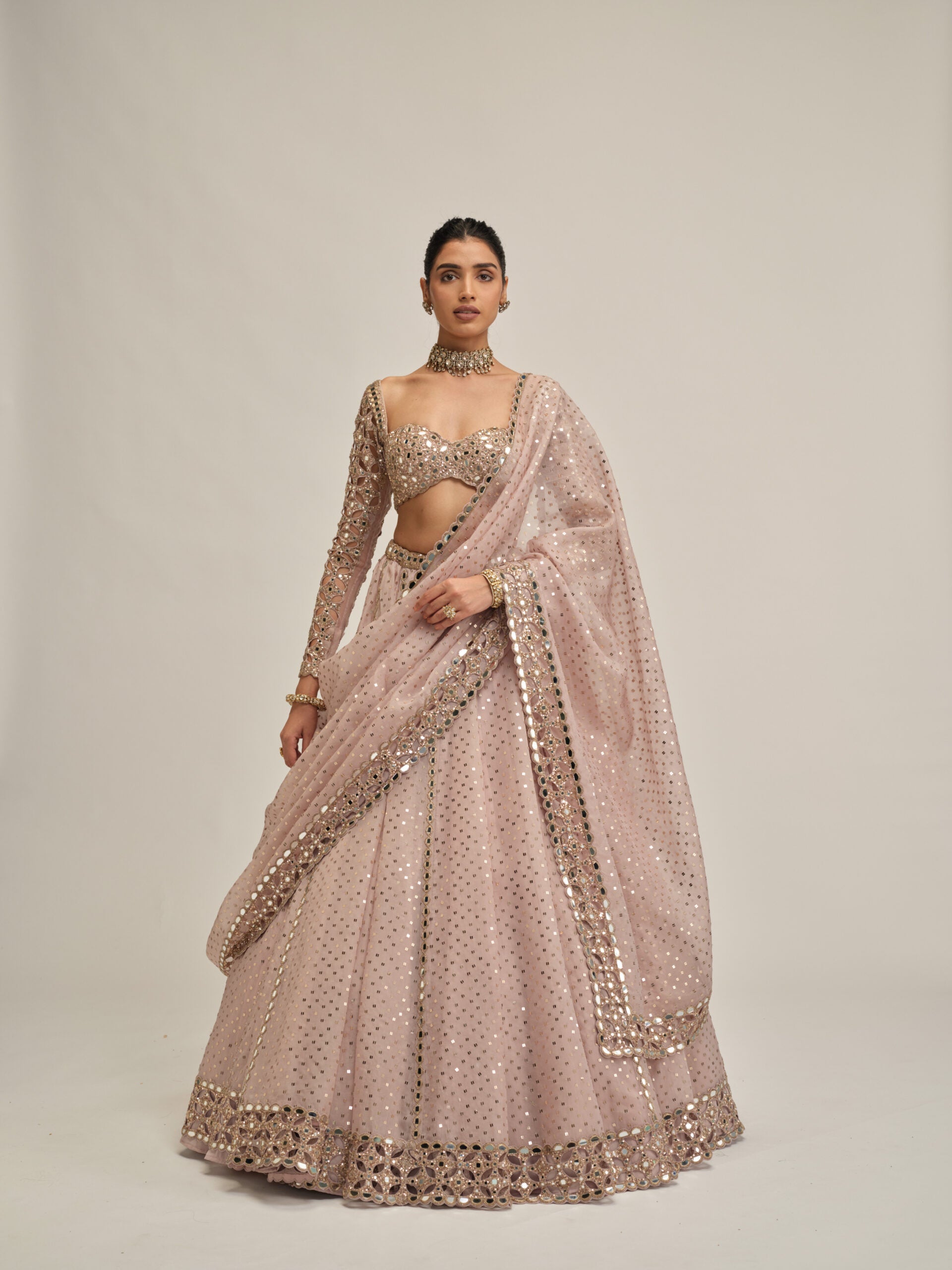 Ash Pink Cutwork Sleeve Lehenga Set 1