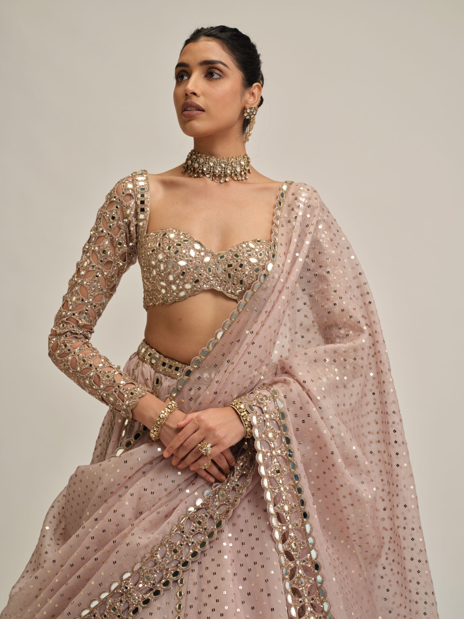 Ash Pink Cutwork Sleeve Lehenga Set 2
