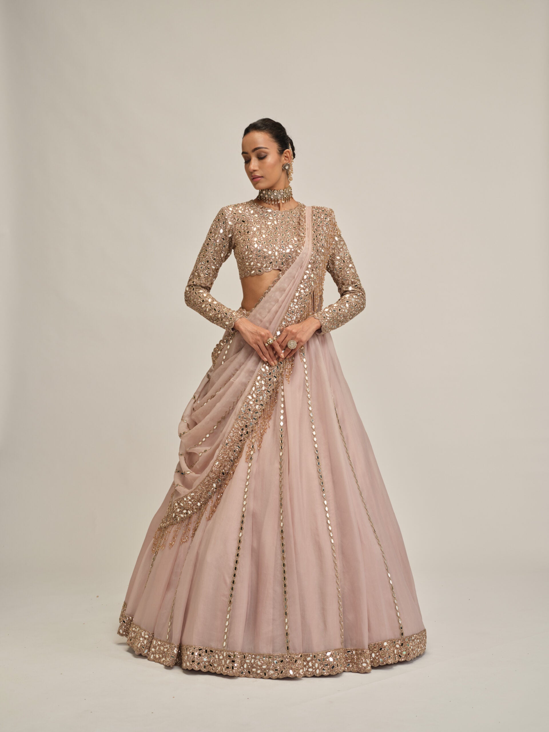 Ash Pink Full Sleeve Lehenga Set 5