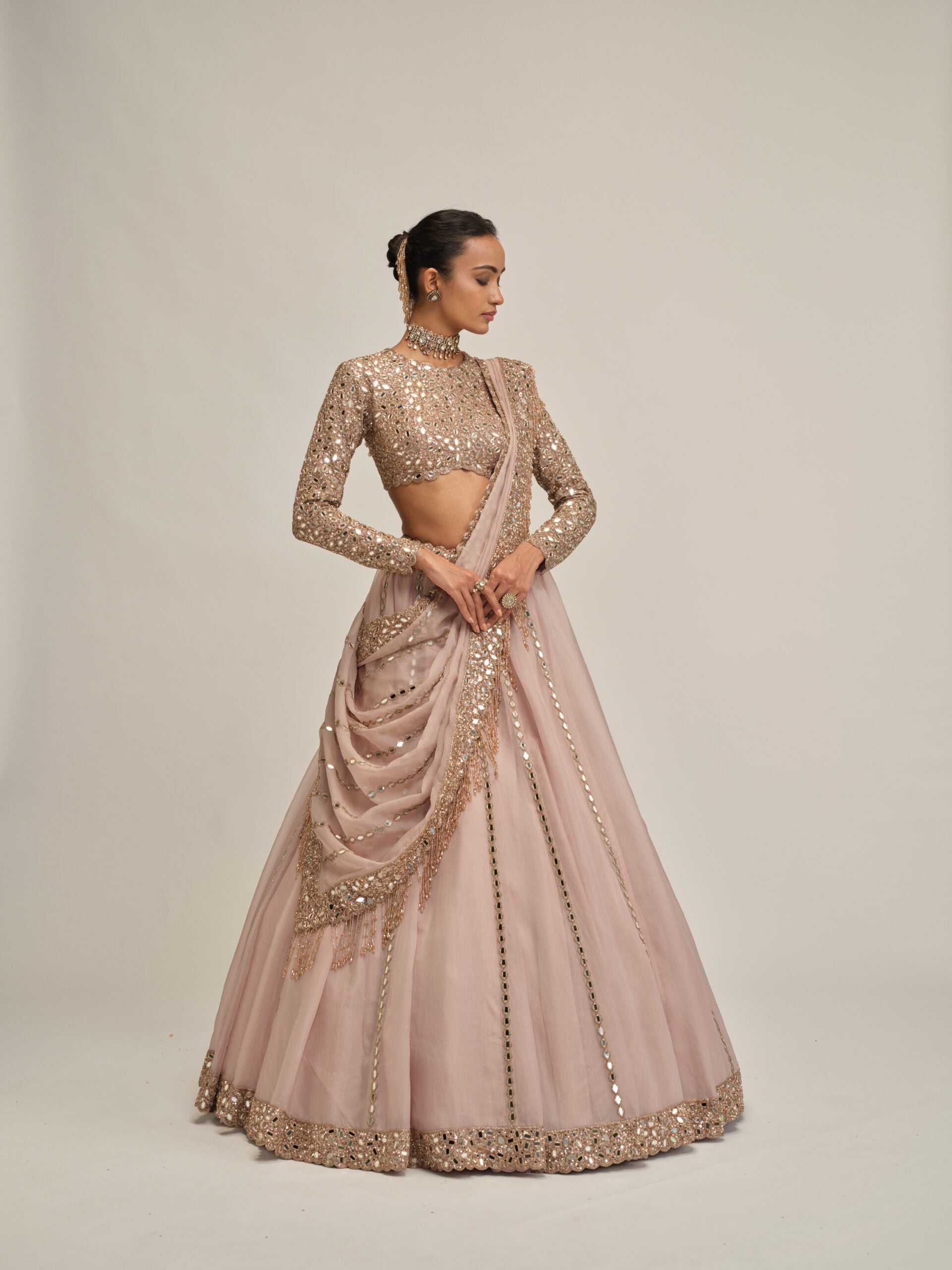 Ash Pink Full Sleeve Lehenga Set 1