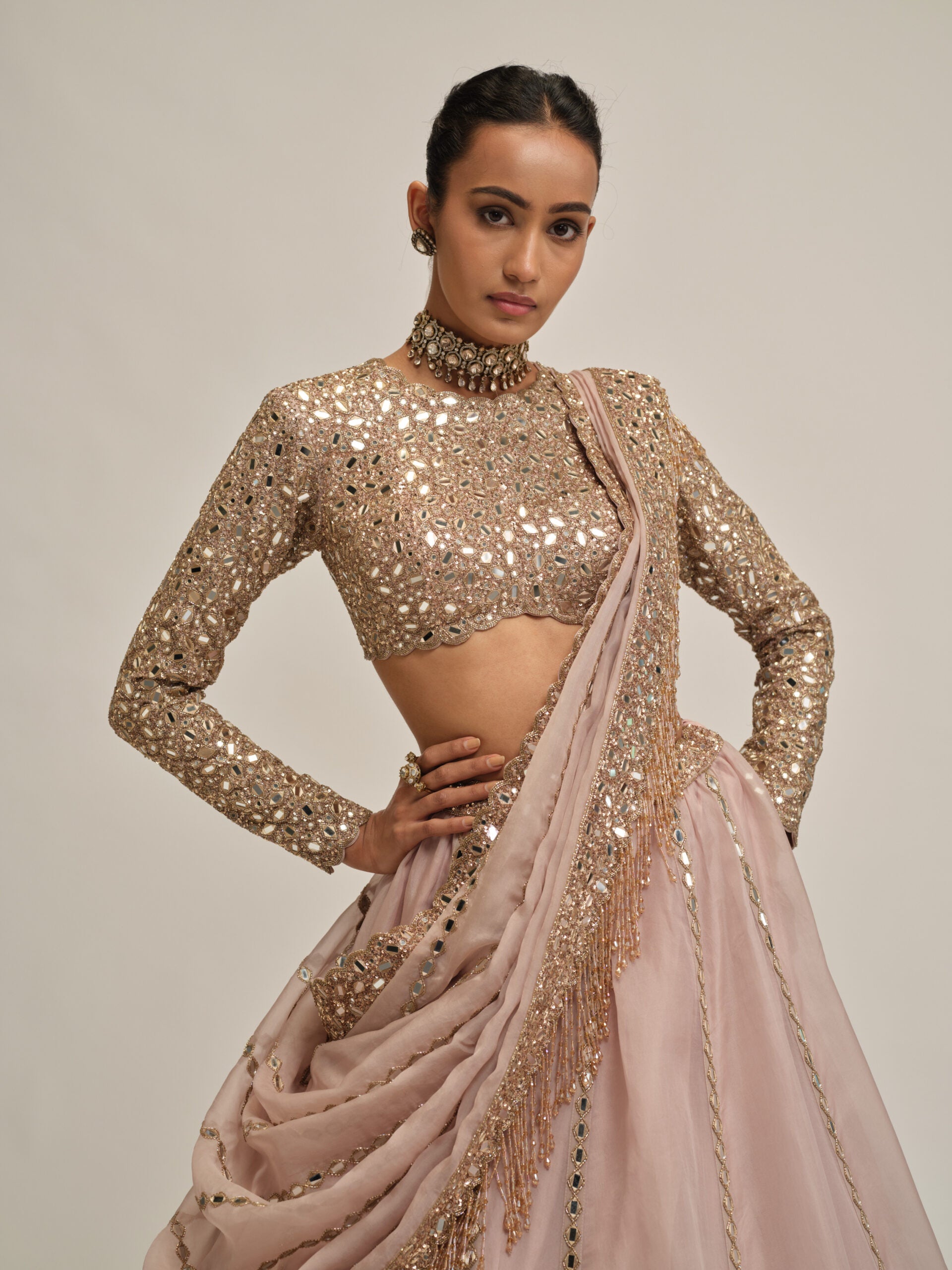 Ash Pink Full Sleeve Lehenga Set 2