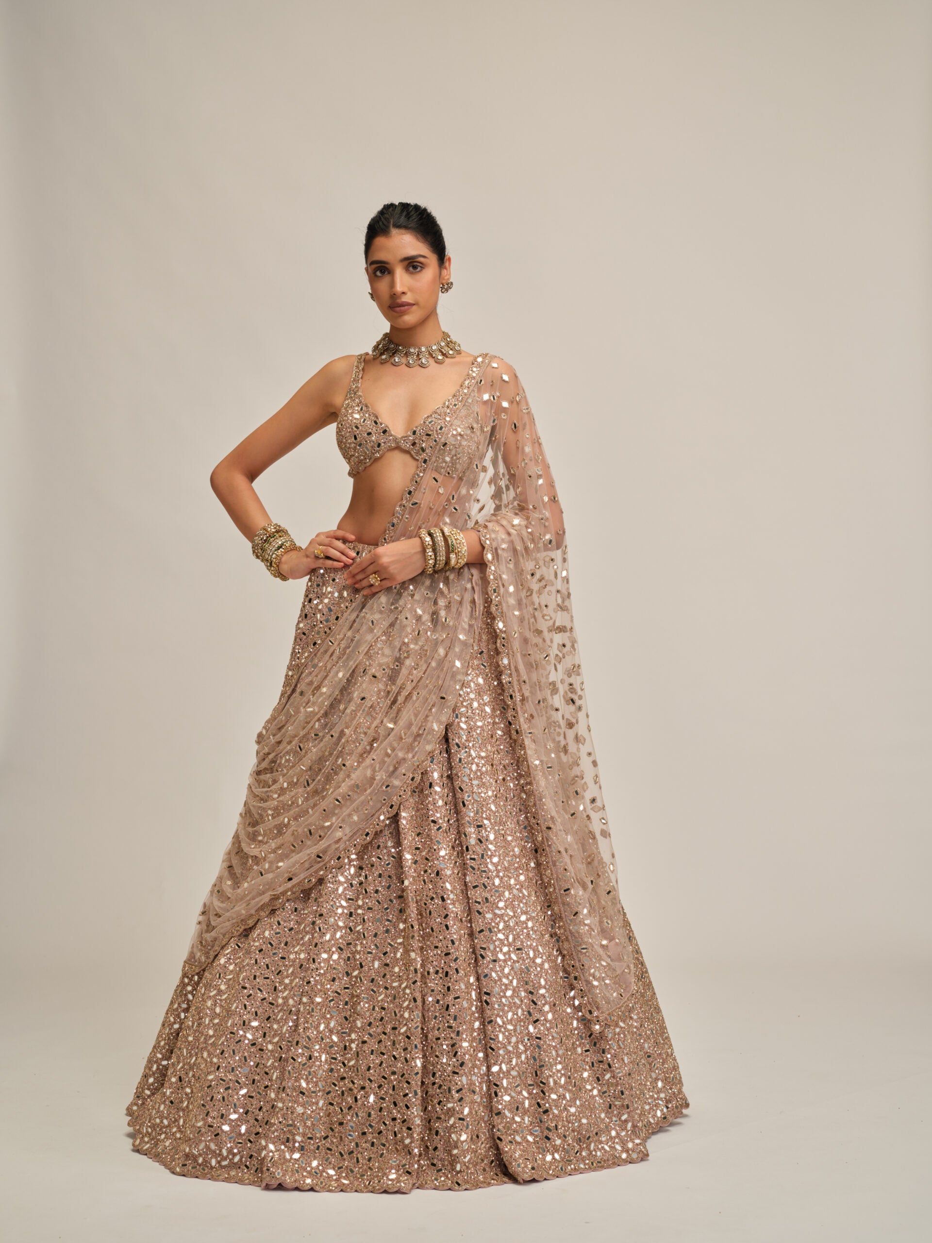 Ash Pink Mirror Embroidered Lehenga Set 1