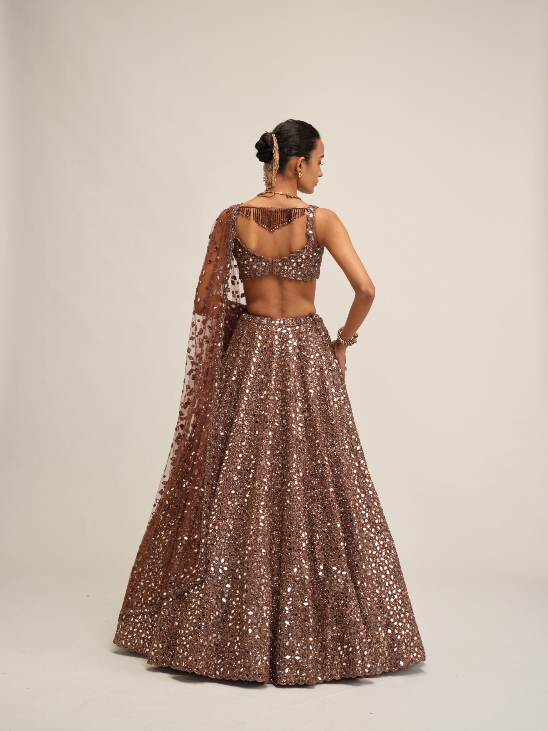 Deep Beige Mirror Embroidered Lehenga Set 5