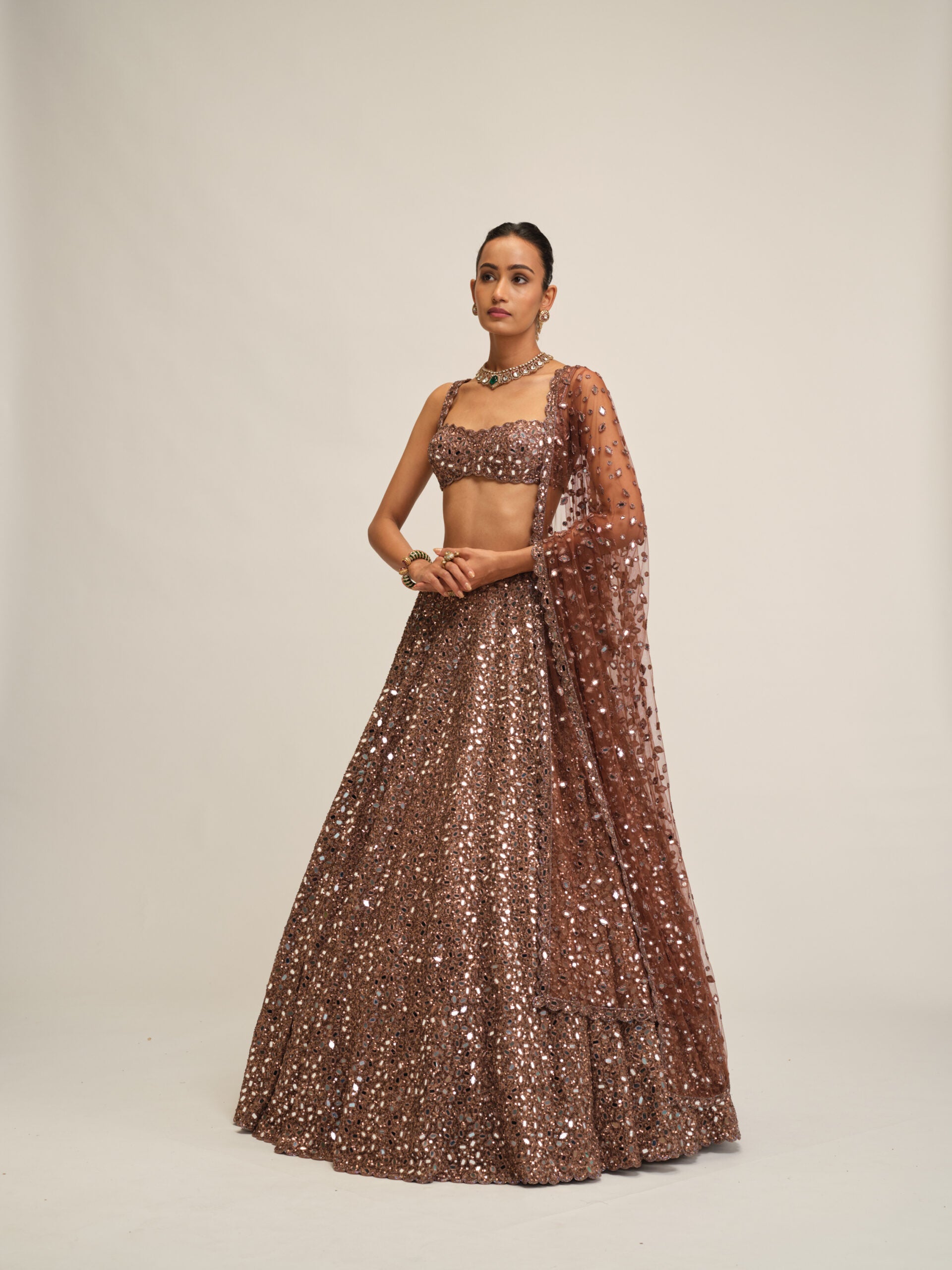 Deep Beige Mirror Embroidered Lehenga Set 3