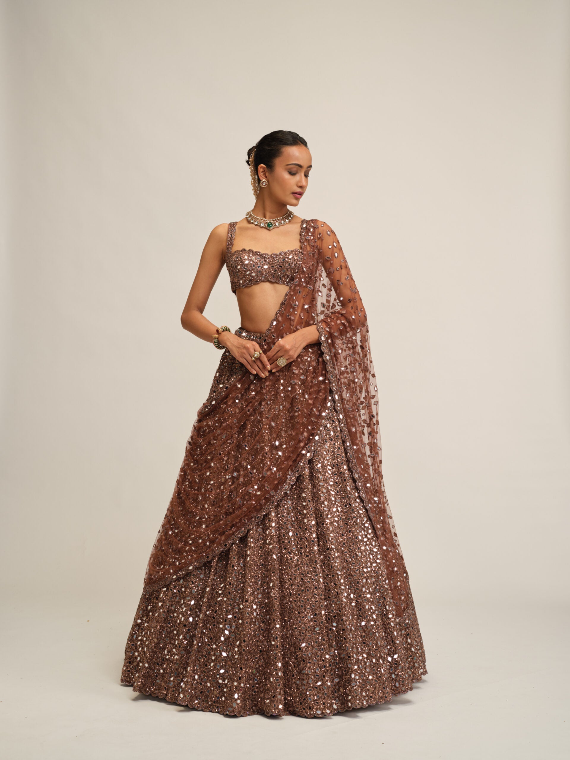 Deep Beige Mirror Embroidered Lehenga Set 1