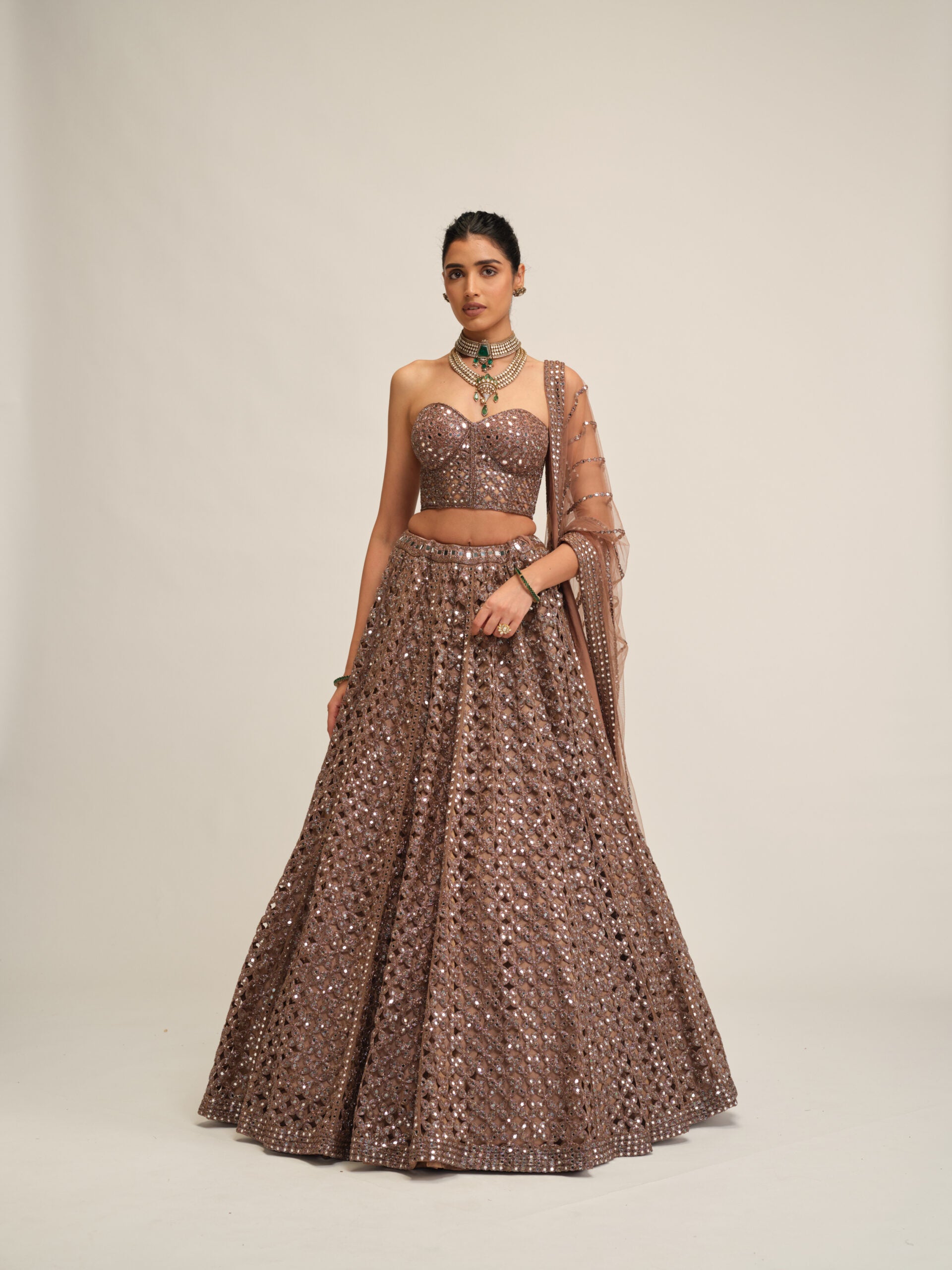 Deep Beige Flower Cutwork Lehenga Set 1