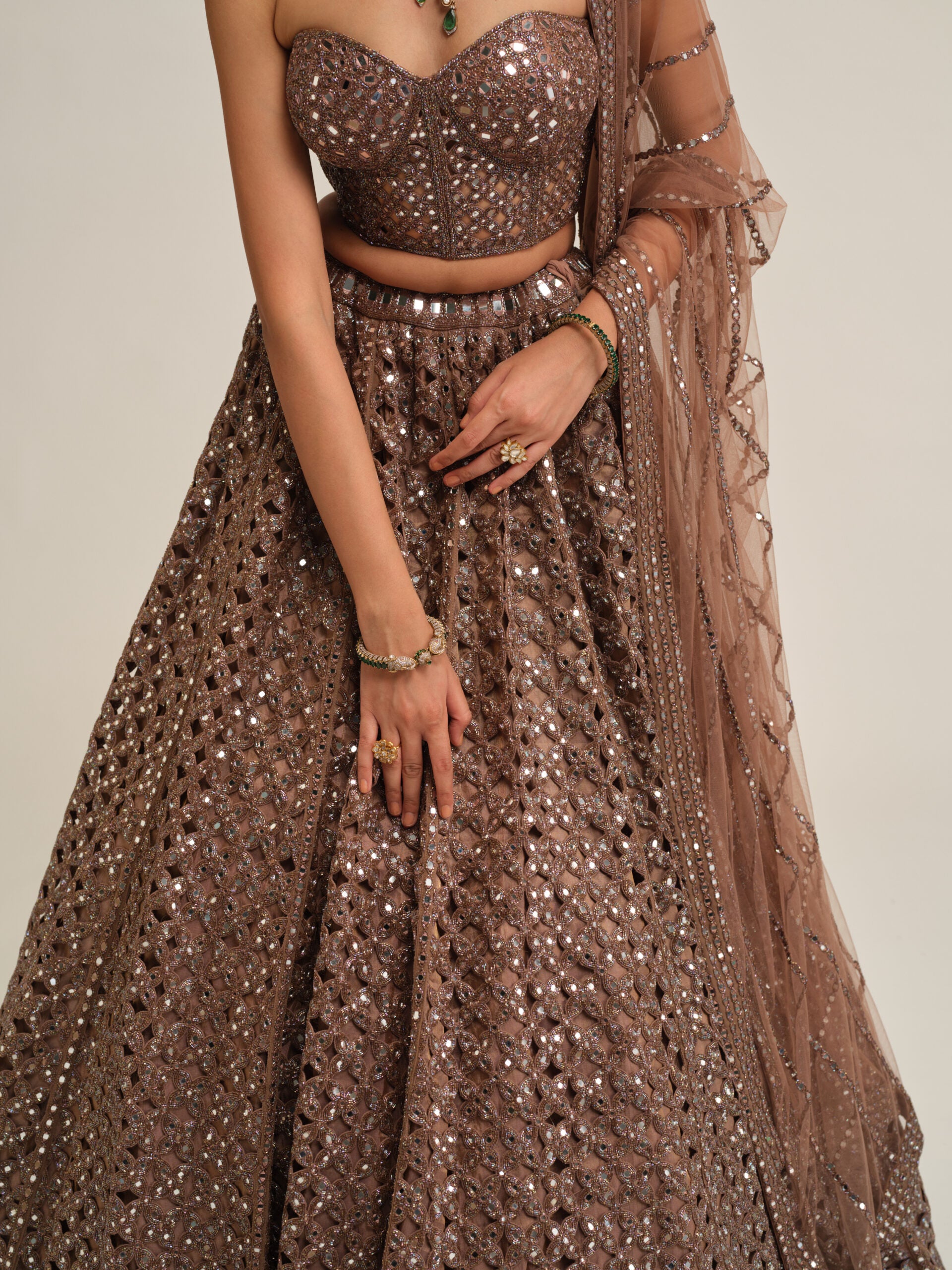 Deep Beige Flower Cutwork Lehenga Set 3