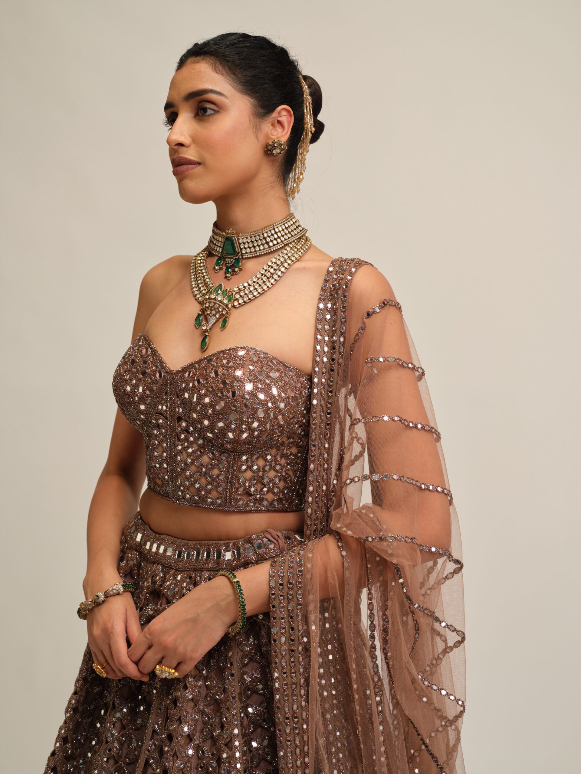 Deep Beige Flower Cutwork Lehenga Set 4