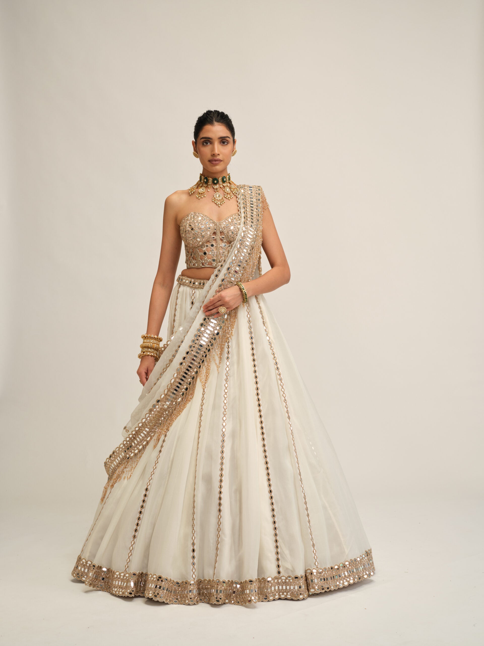 Off White Linear Lehenga With Corset Set 1