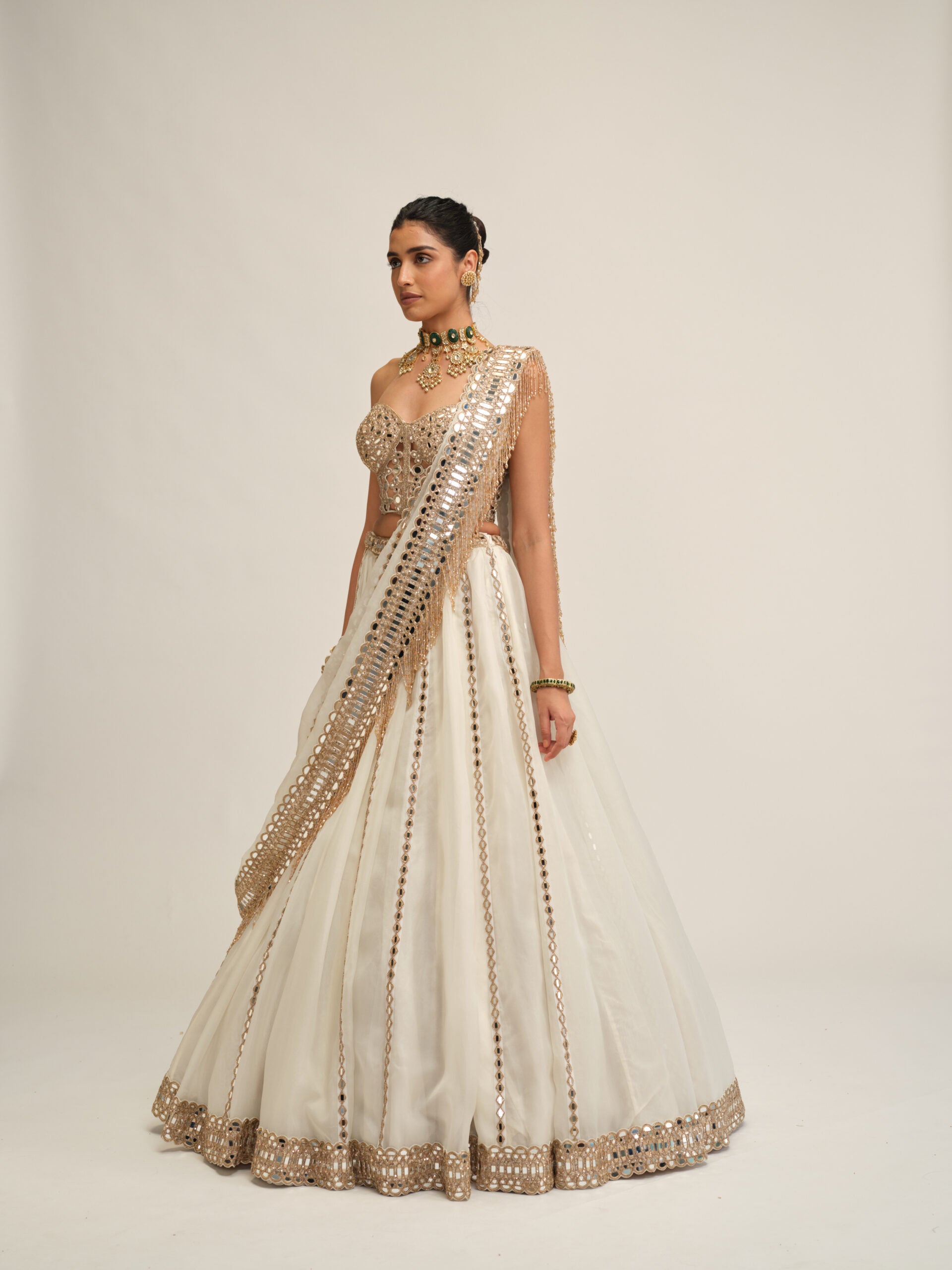 Off White Linear Lehenga With Corset Set 4