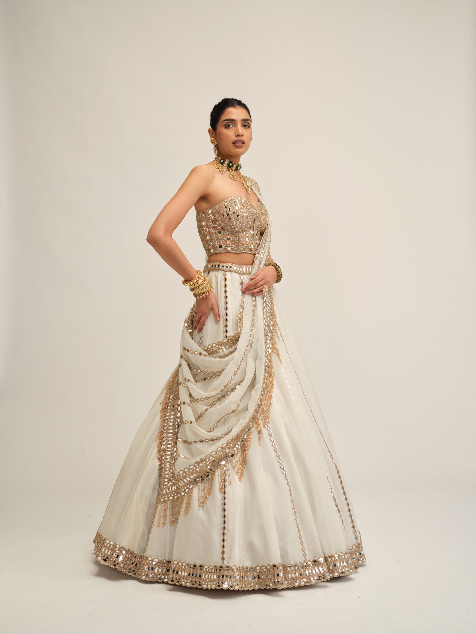 Off White Linear Lehenga With Corset Set 3