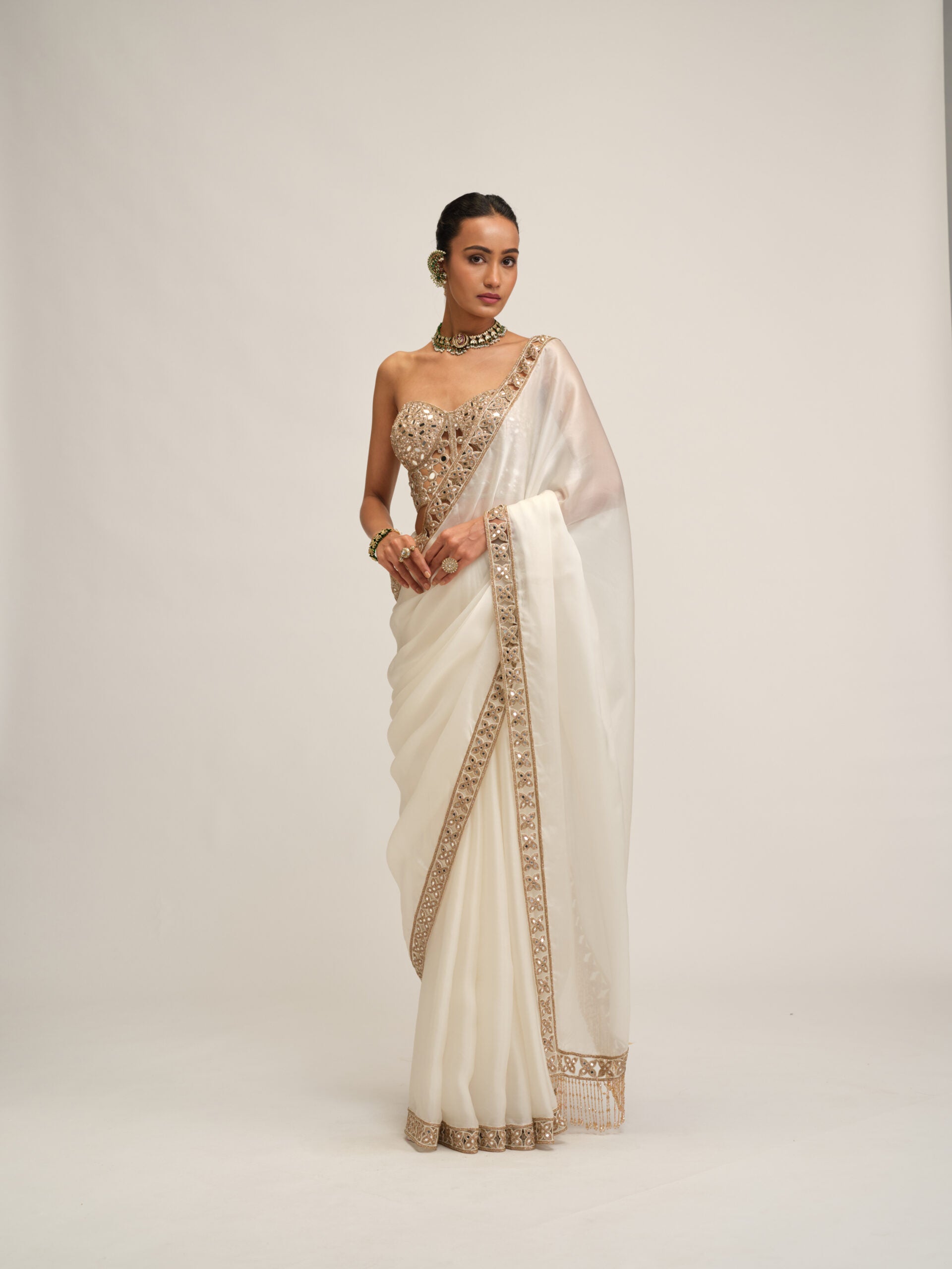 Off White Satin Organza Cutwork Border Saree Set 1