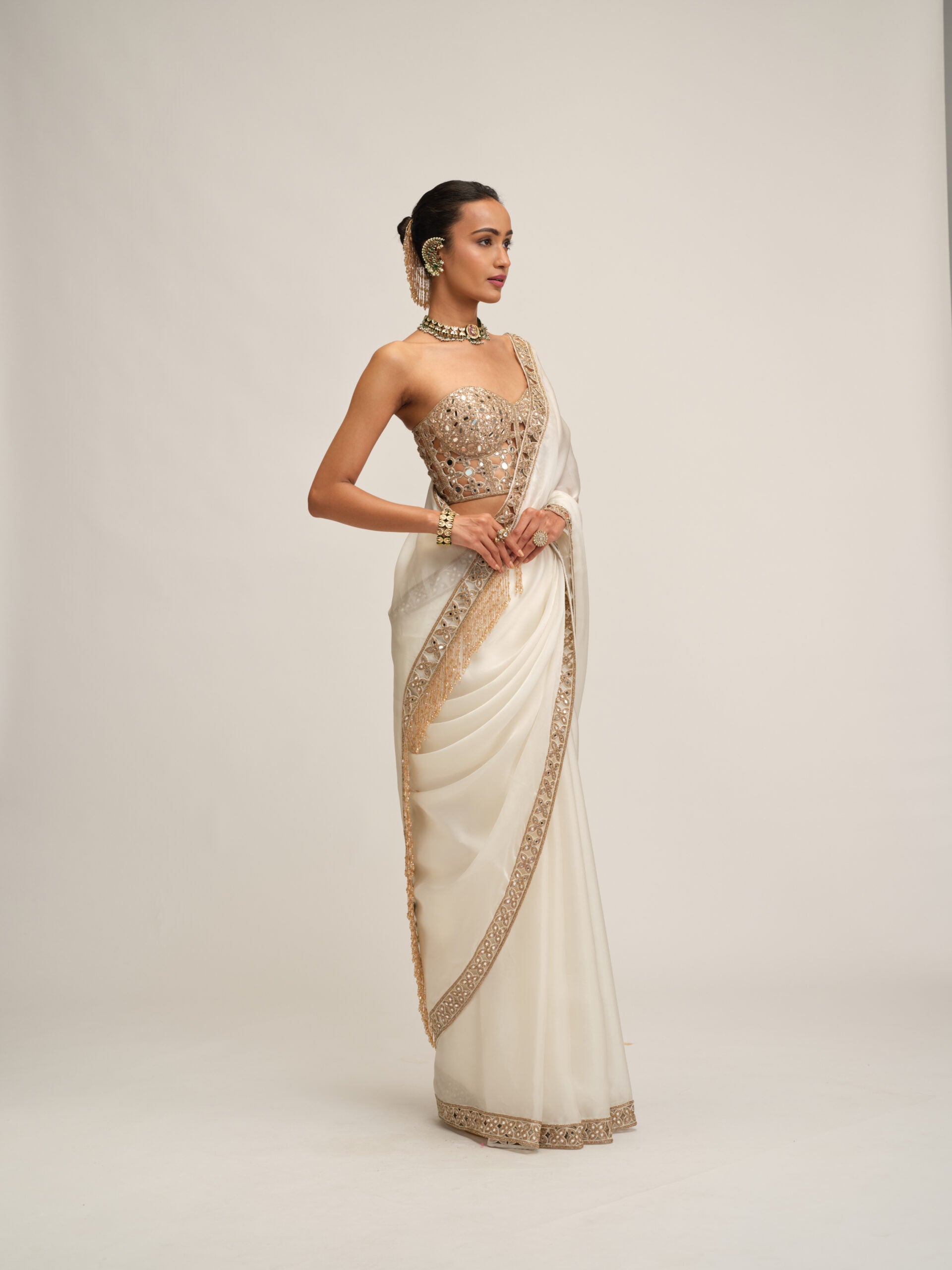 Off White Satin Organza Cutwork Border Saree Set 5