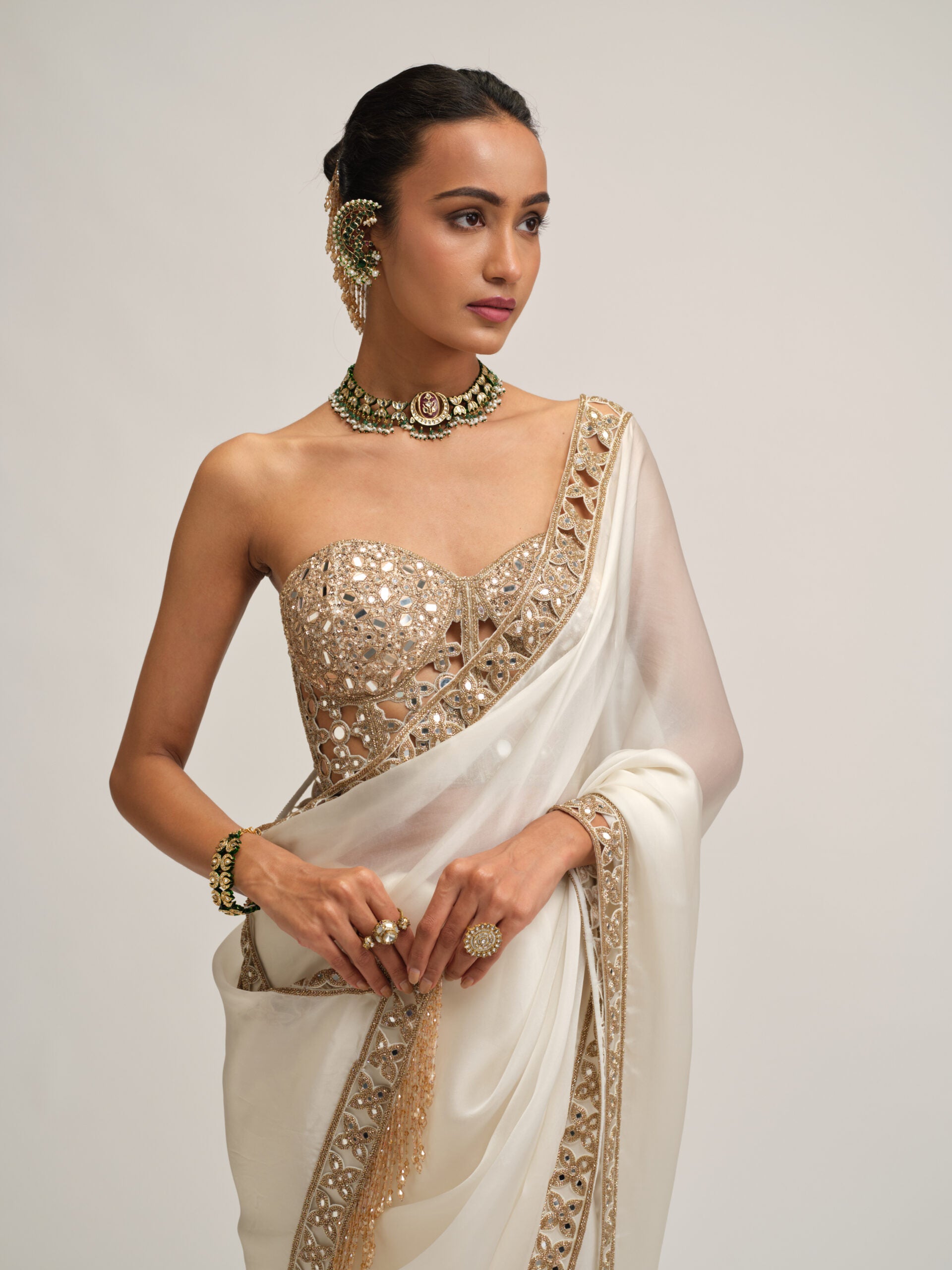Off White Satin Organza Cutwork Border Saree Set 4