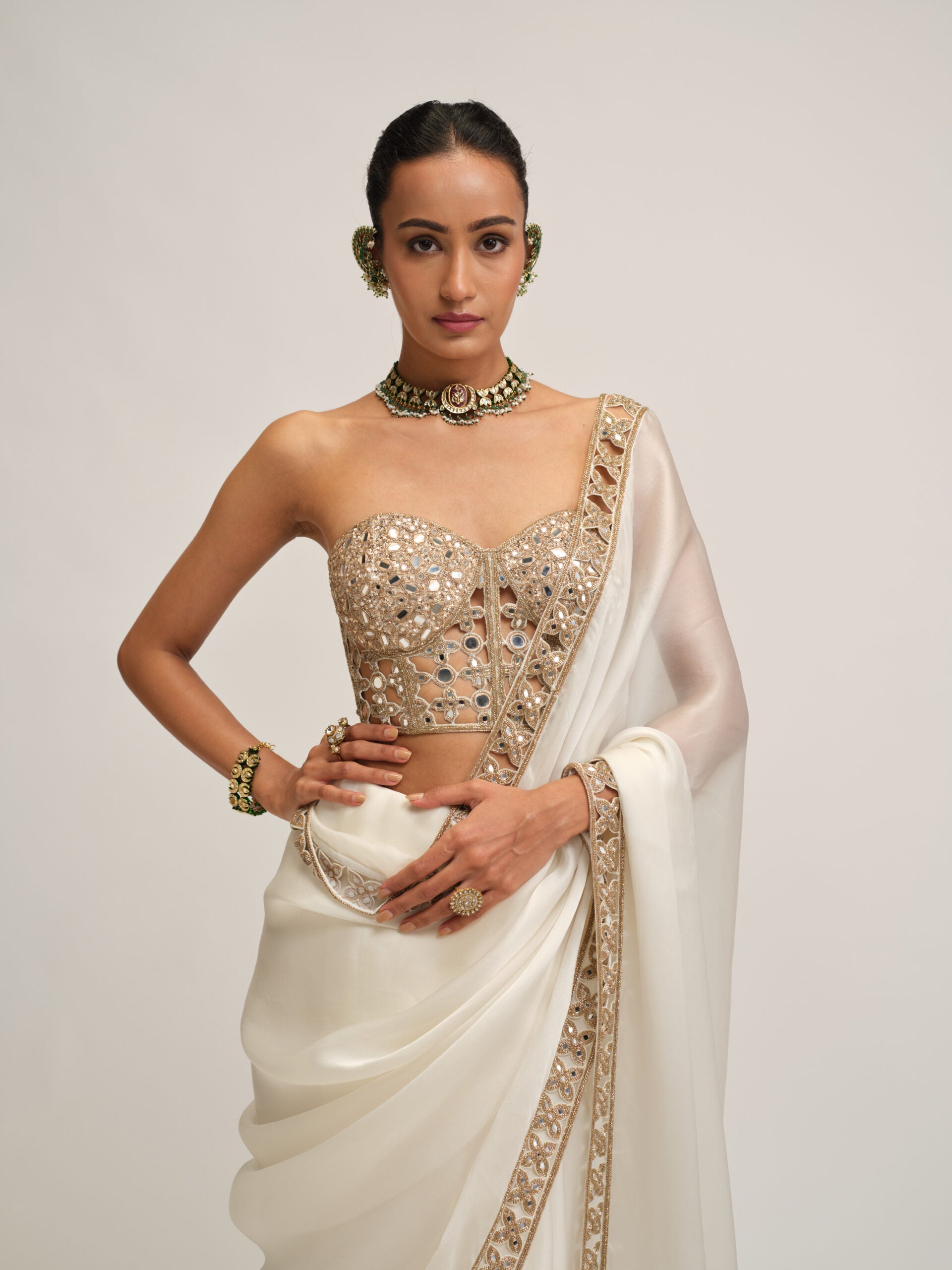 Off White Satin Organza Cutwork Border Saree Set 3