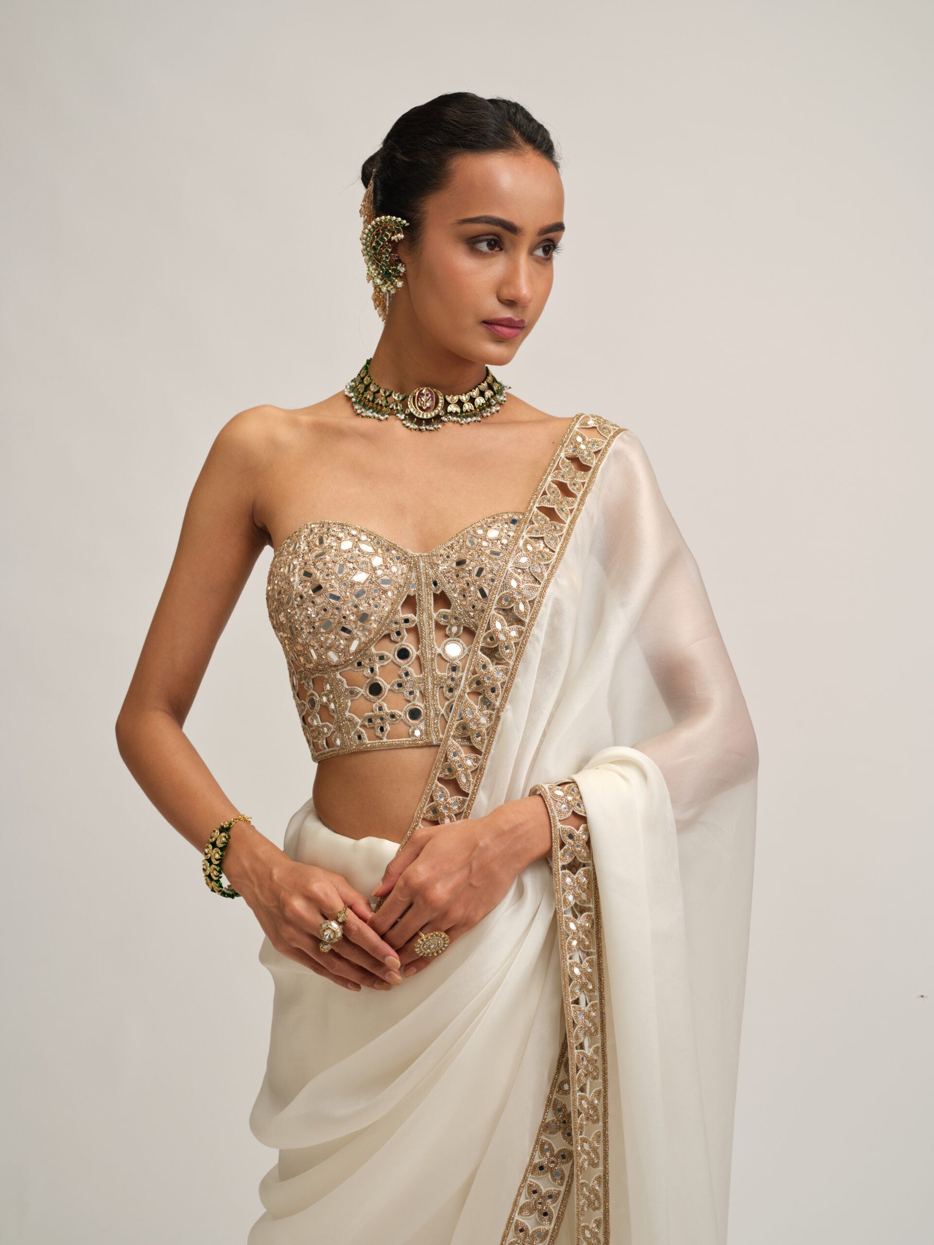 Off White Satin Organza Cutwork Border Saree Set 2