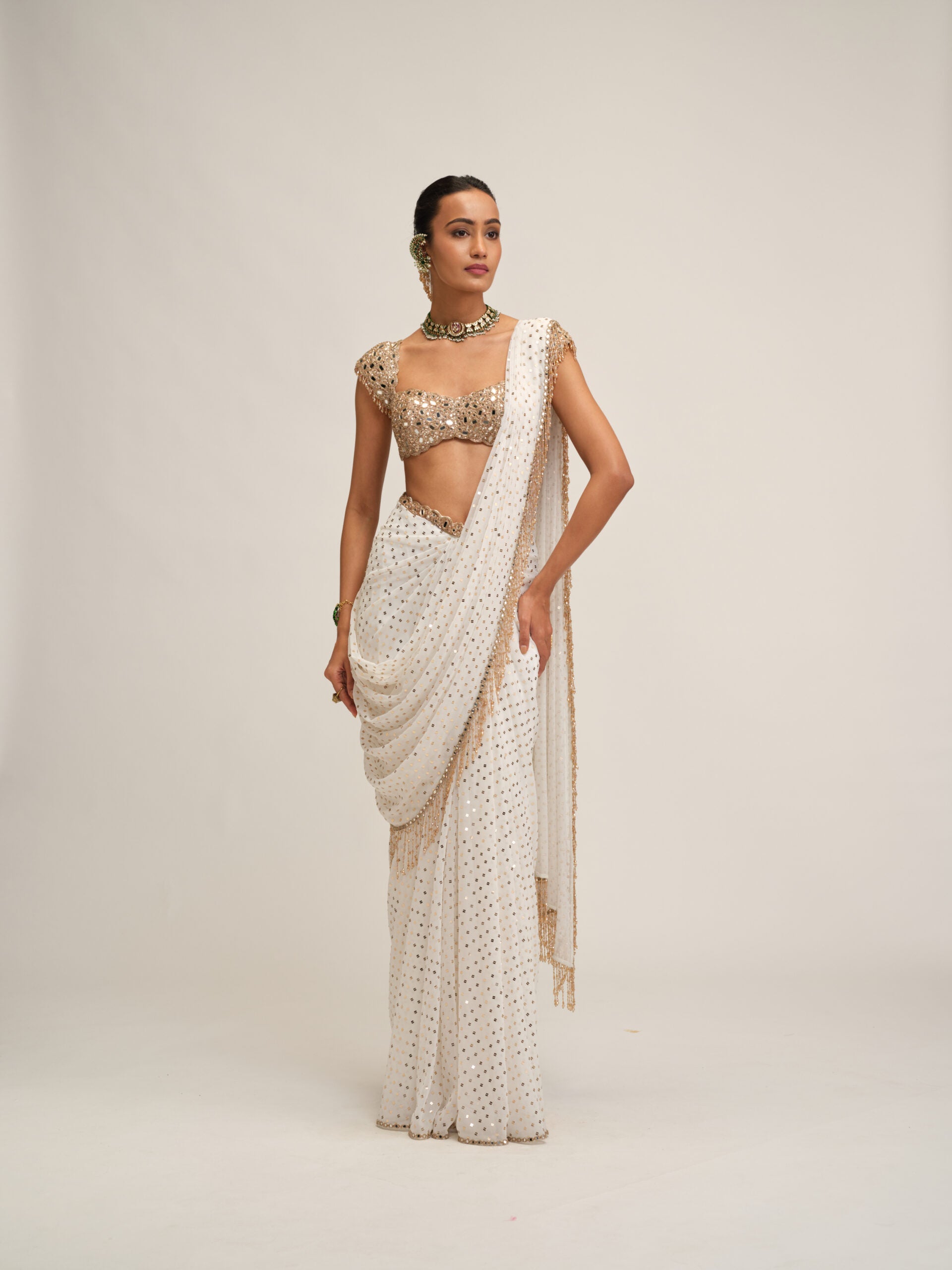 Off White Draped Saree Set 1