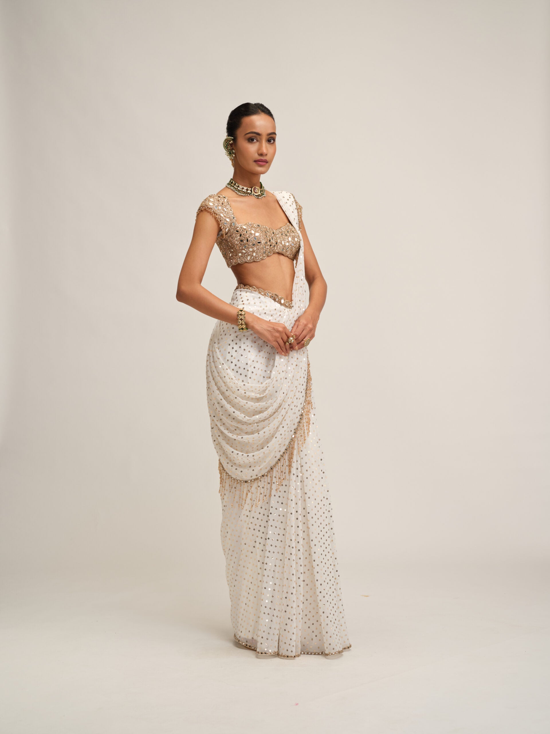 Off White Draped Saree Set 3