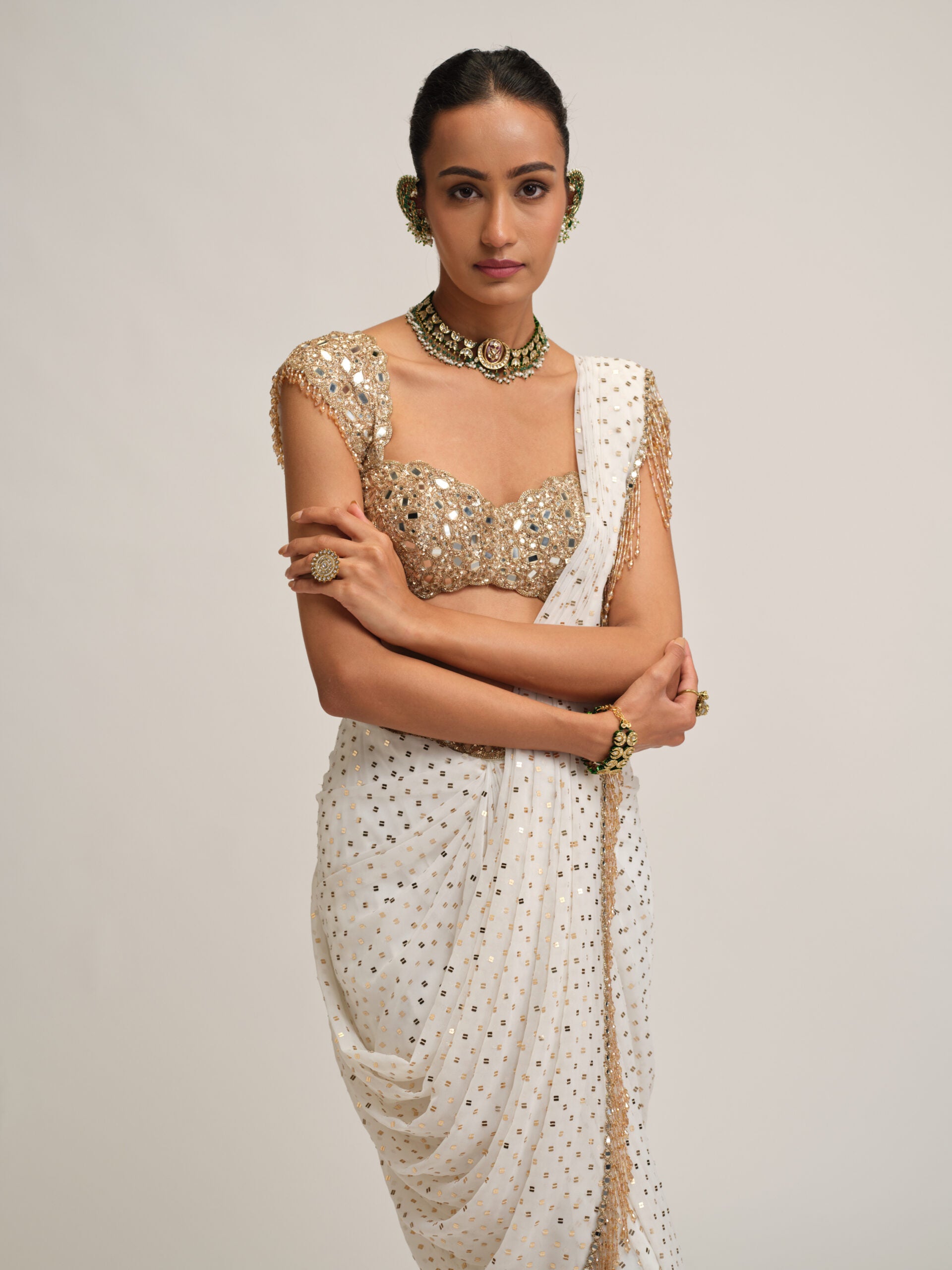 Off White Draped Saree Set 4