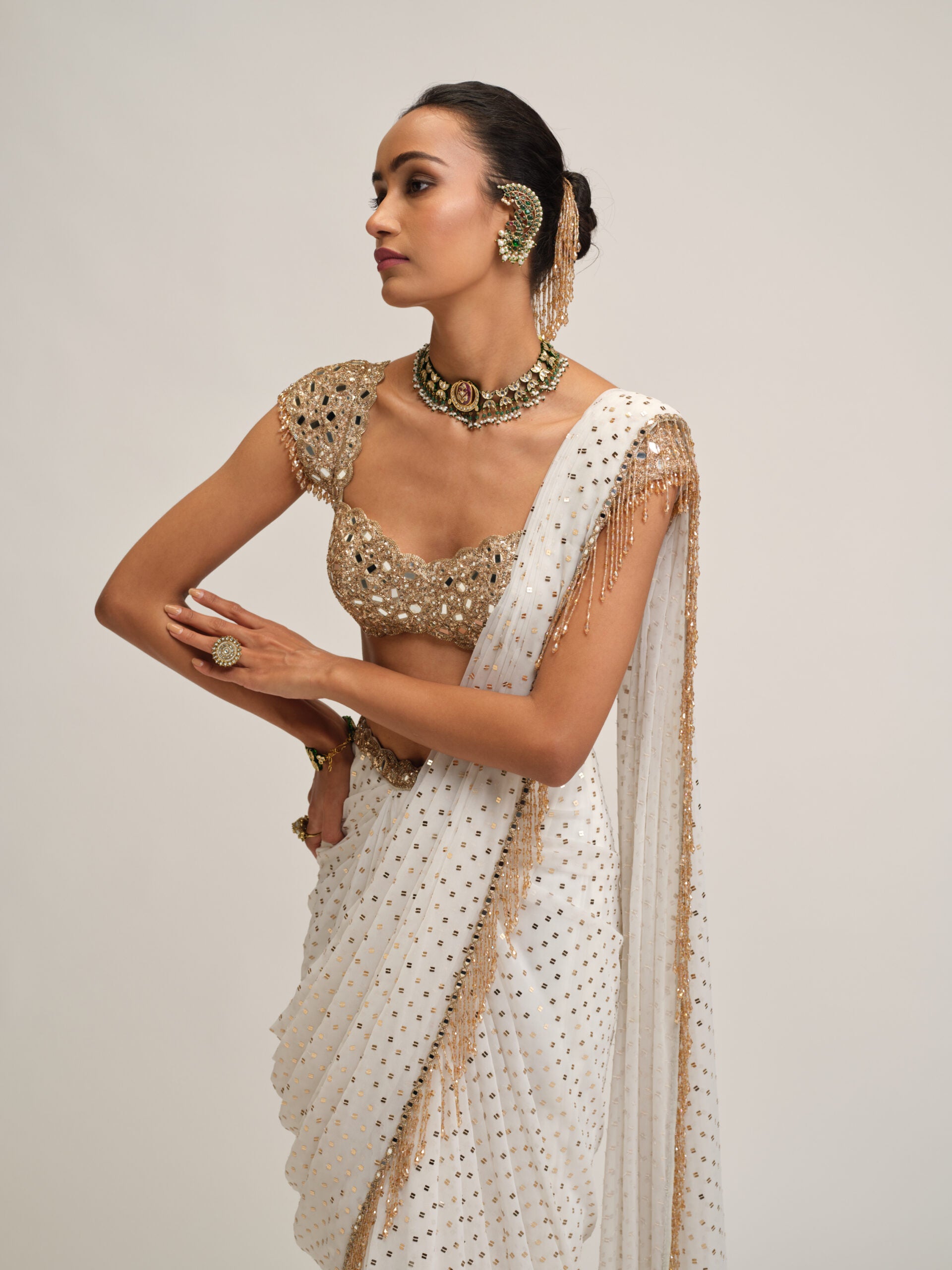 Off White Draped Saree Set 5