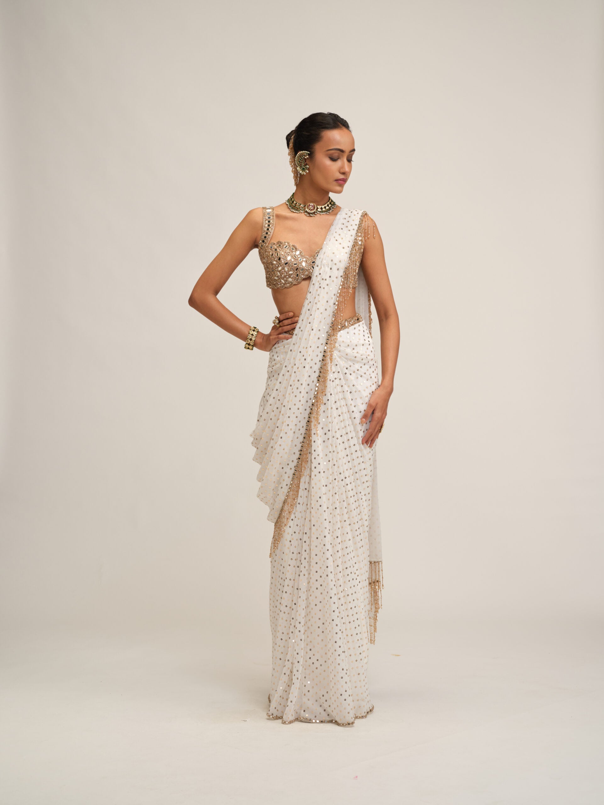 Off White Sequins Embroidered Saree Set 1