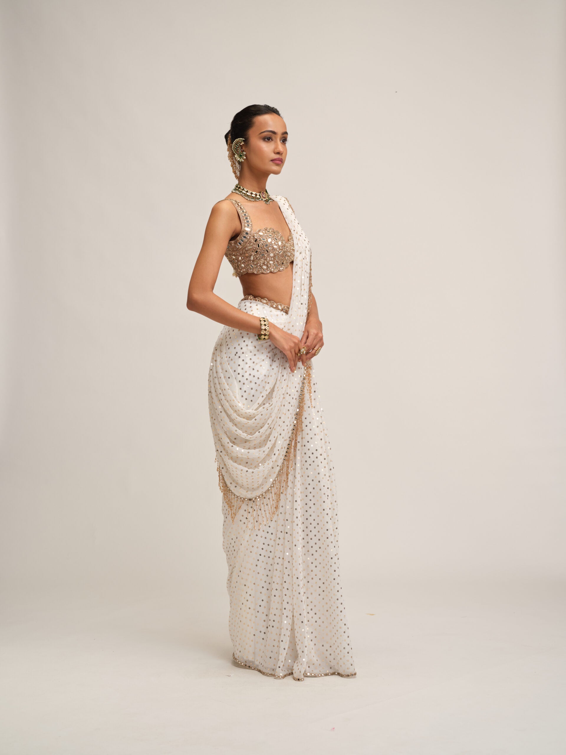 Off White Sequins Embroidered Saree Set 5
