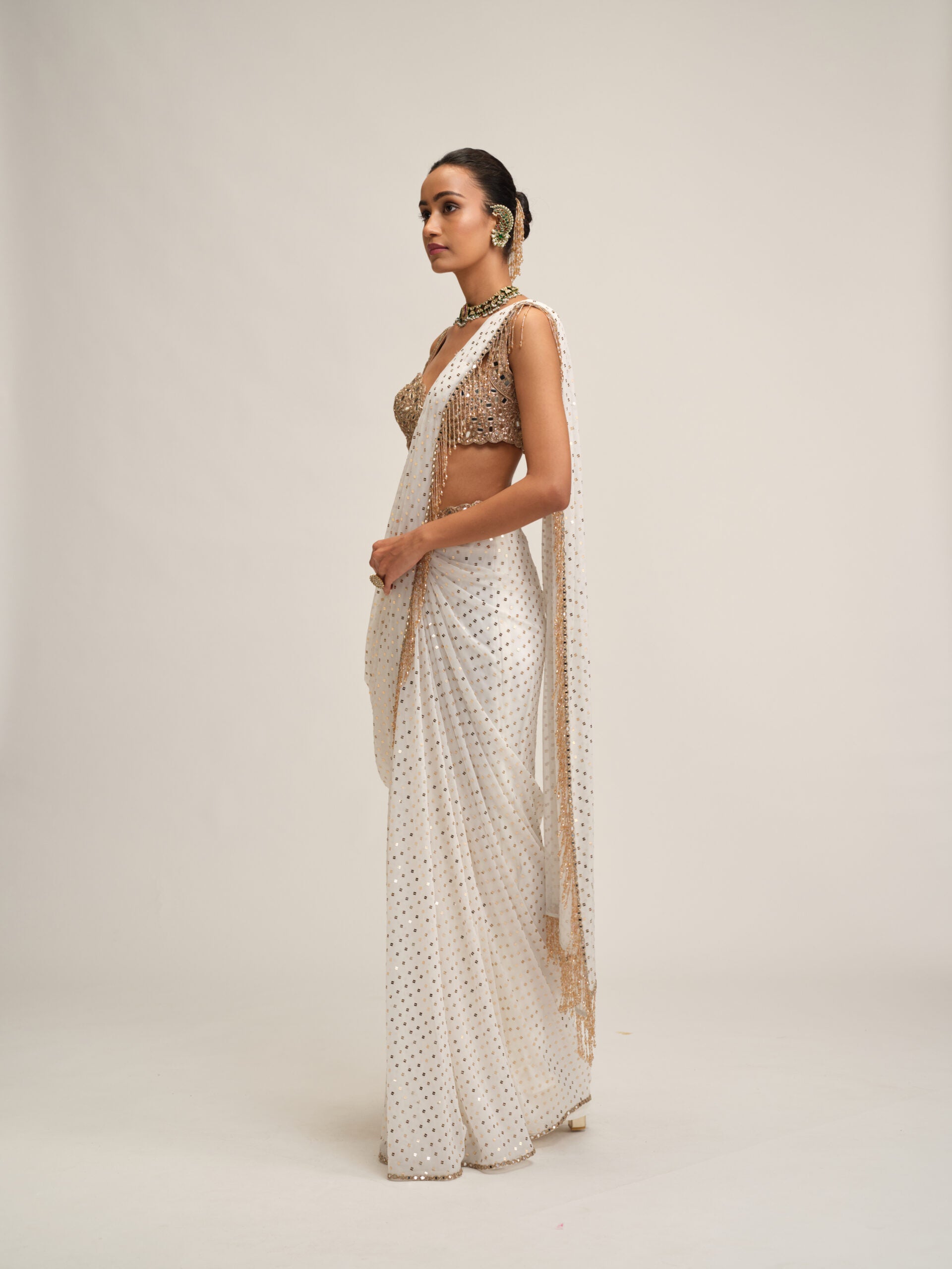 Off White Sequins Embroidered Saree Set 4