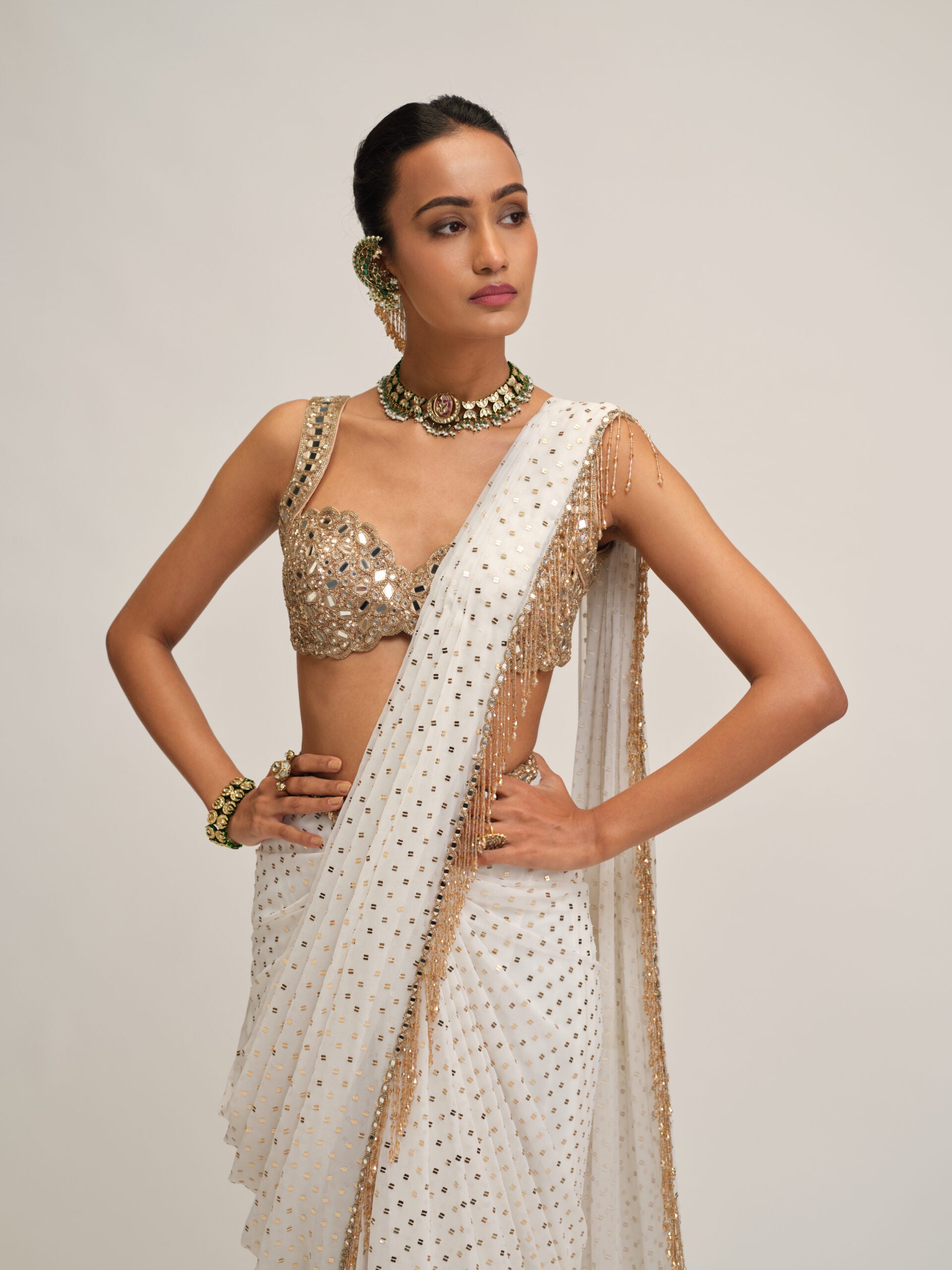 Off White Sequins Embroidered Saree Set 2