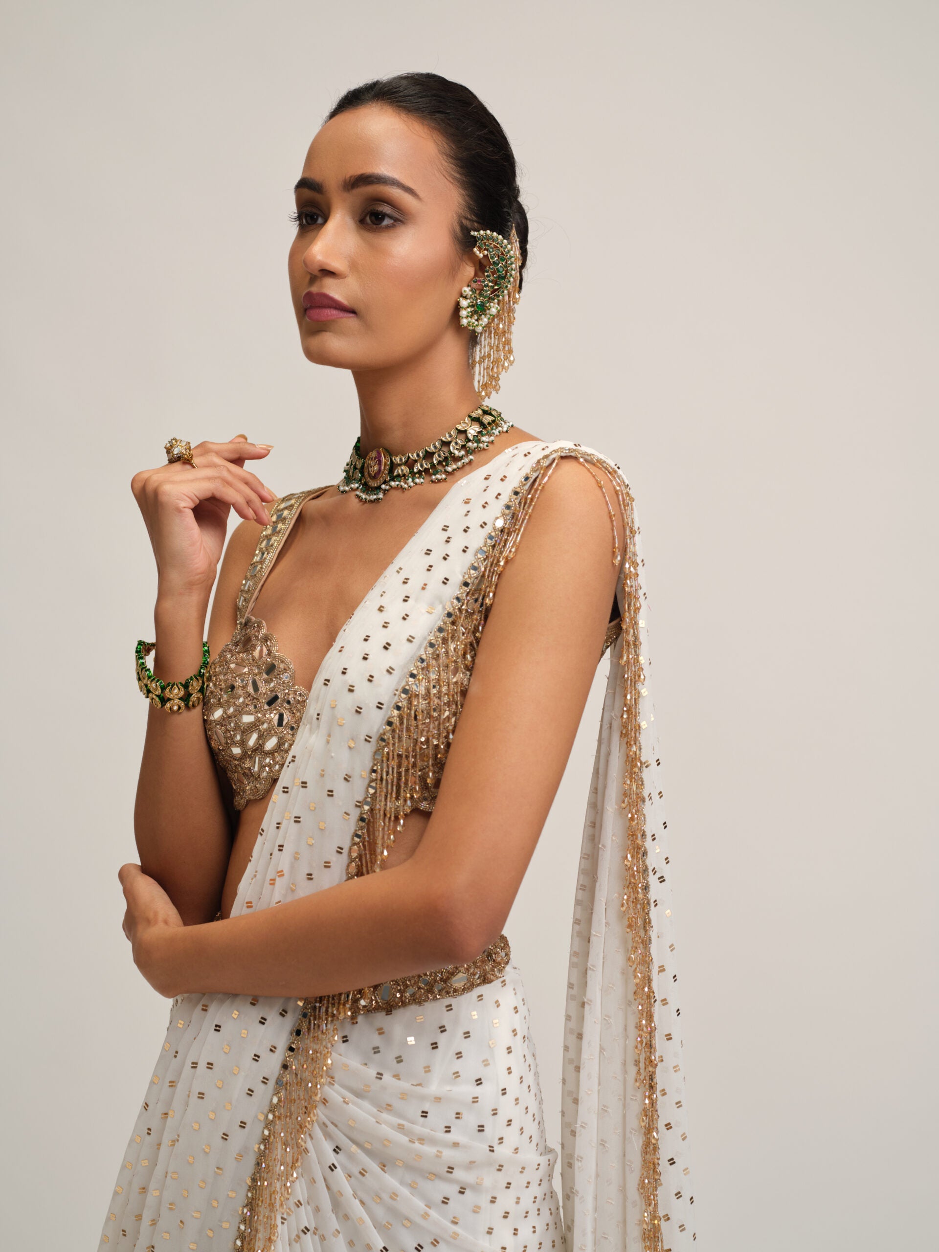 Off White Sequins Embroidered Saree Set 3