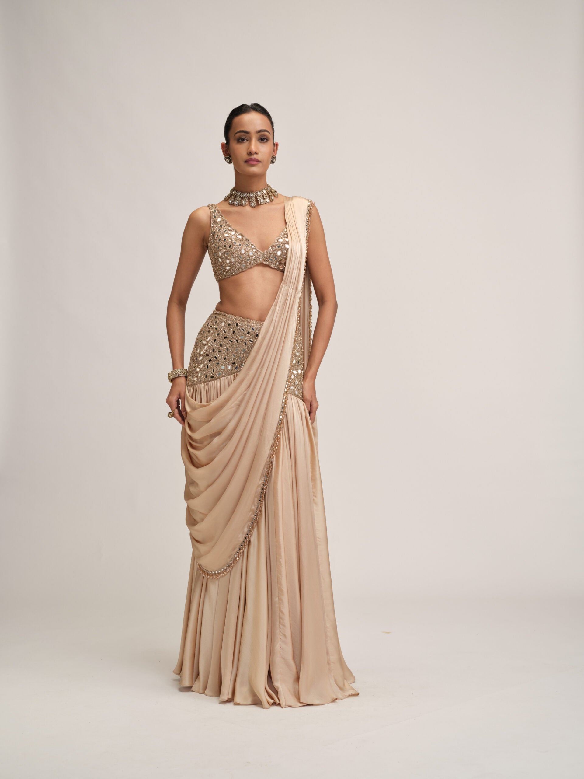 Light Beige Satin Draped Saree Set 1