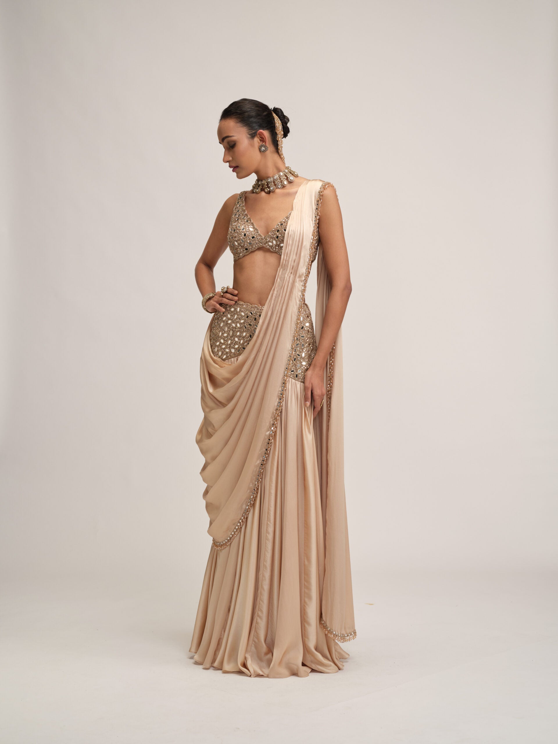 Light Beige Satin Draped Saree Set 5