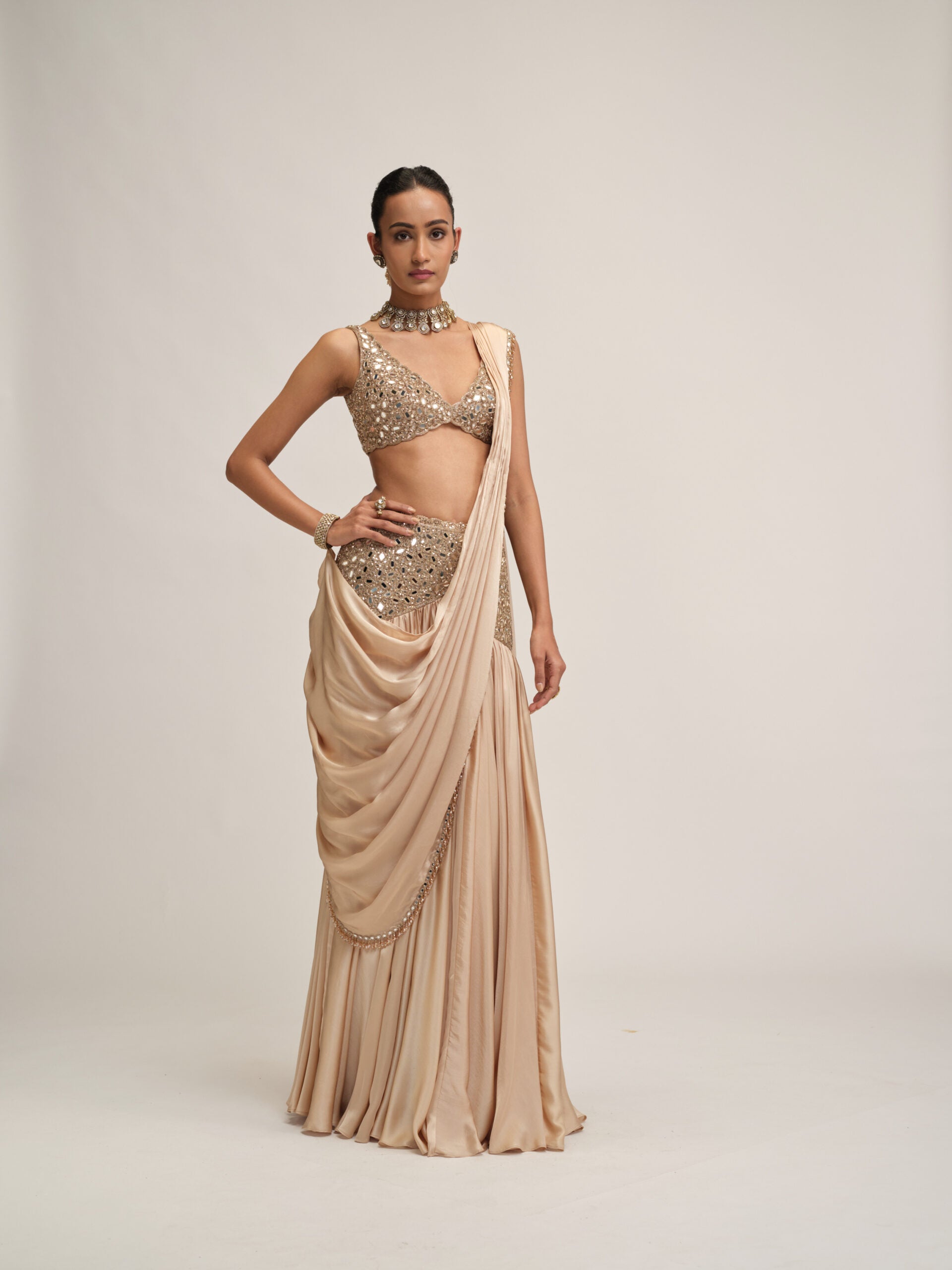Light Beige Satin Draped Saree Set 4