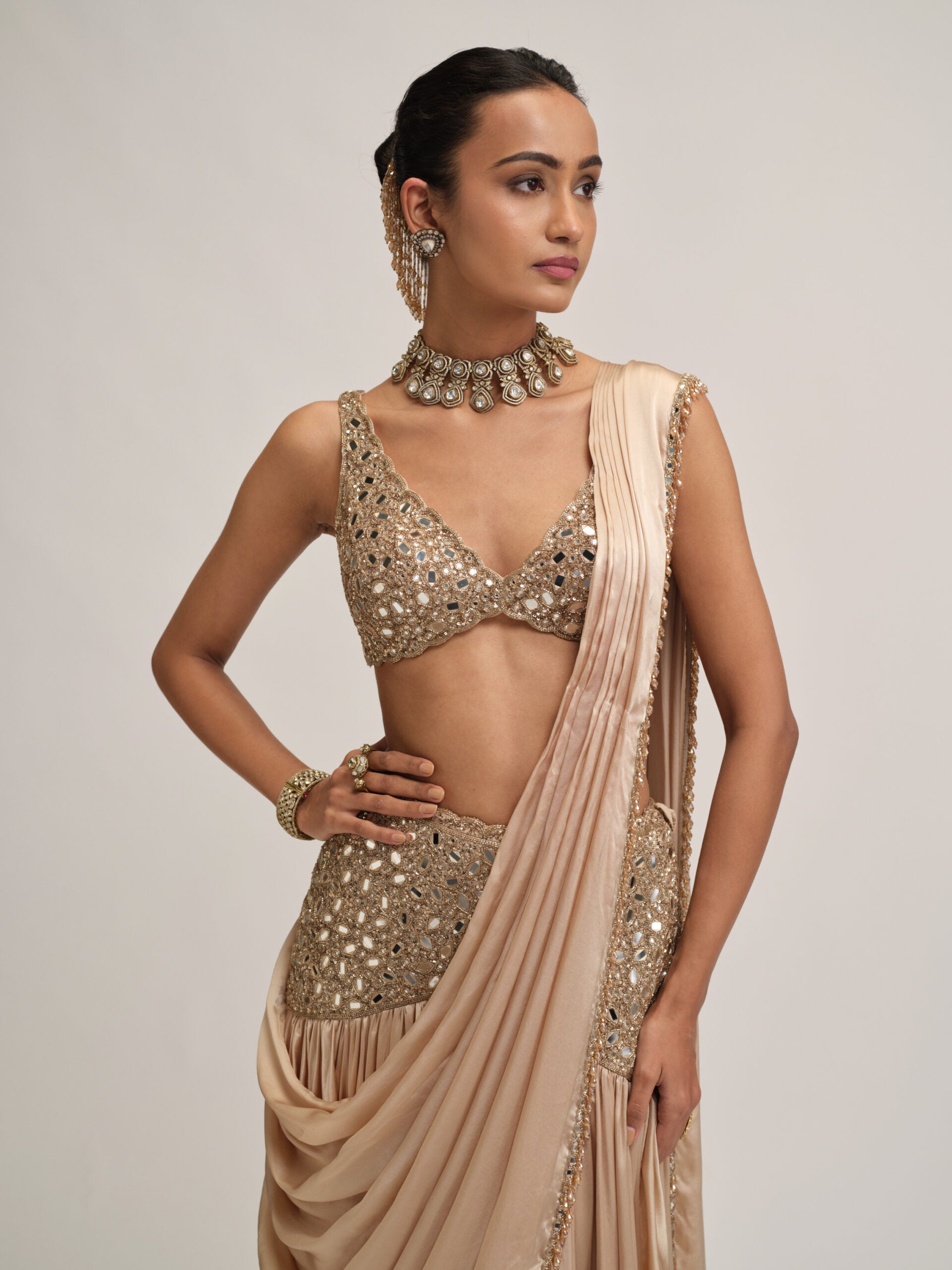 Light Beige Satin Draped Saree Set 2