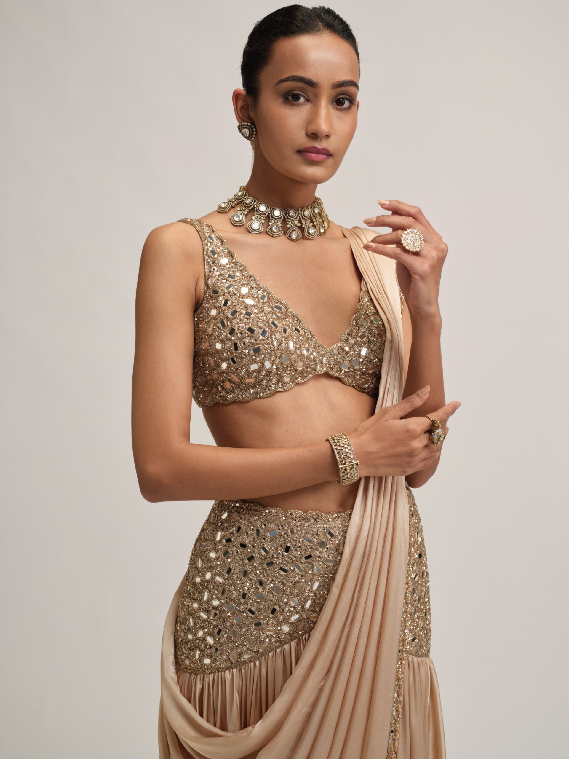 Light Beige Satin Draped Saree Set 3